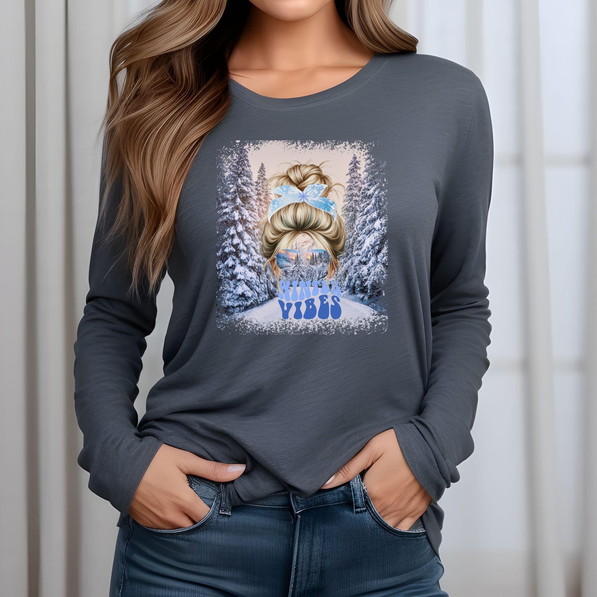 Winter Vibes Winter Trail, Blond Hair Messy Bun, Unisex Jersey Long Sleeve Tee