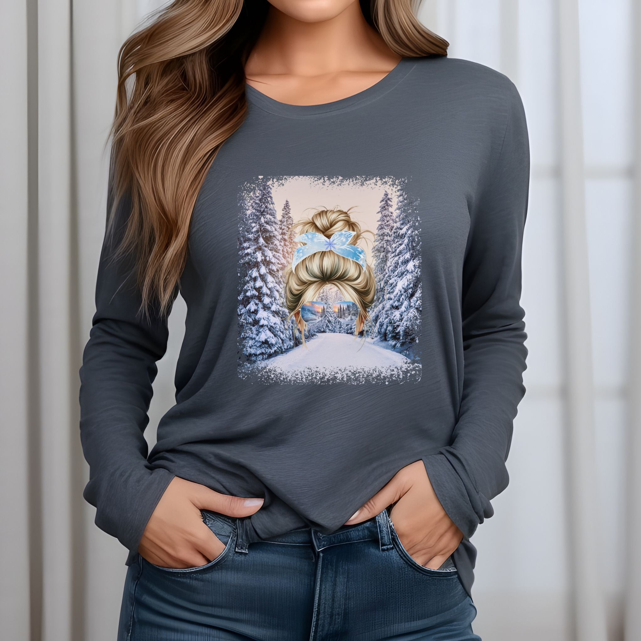 Winter Trail, Blond Hair Messy Bun, Unisex Jersey Long Sleeve Tee