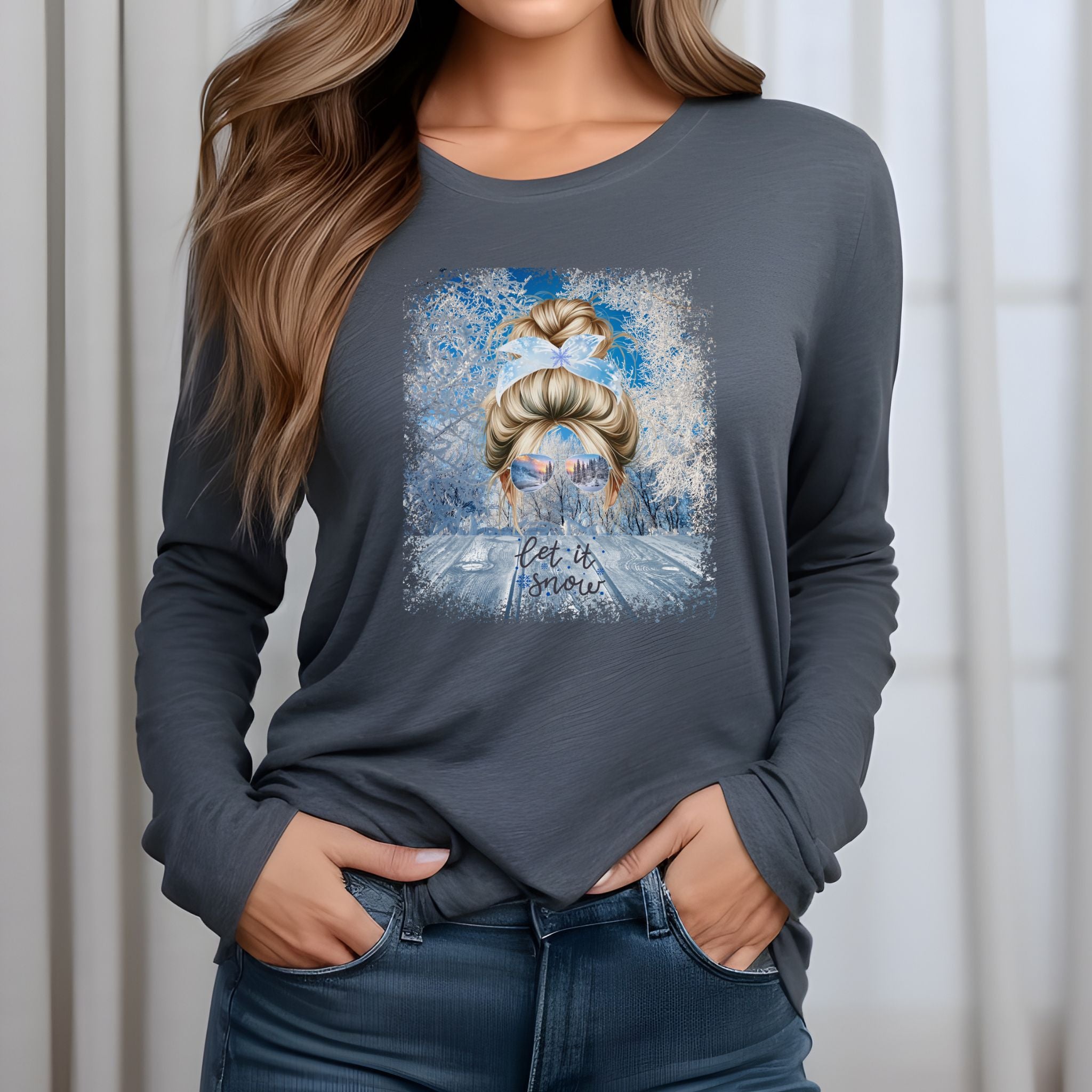 Let it Snow Winter Sunny Porch, Blond Hair Messy Bun, Unisex Jersey Long Sleeve Tee