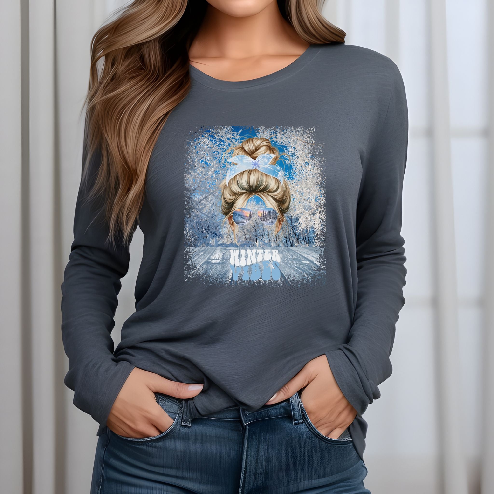 Winter Vibes Winter Sunny Porch, Blond Hair Messy Bun, Unisex Jersey Long Sleeve Tee