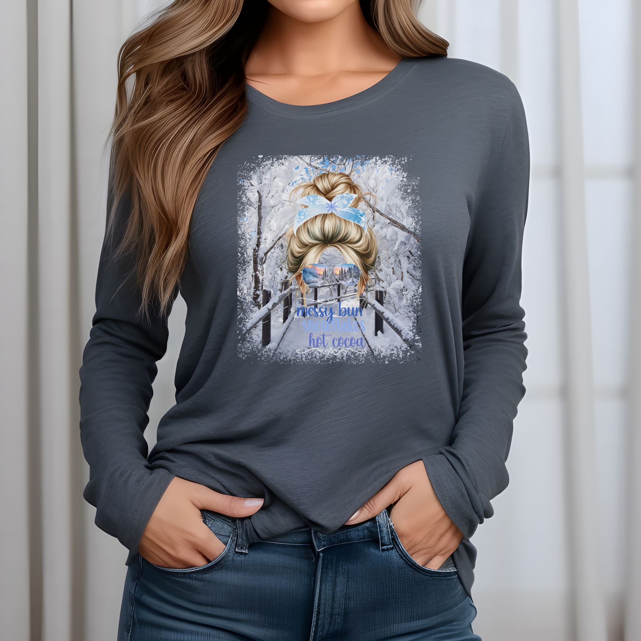 Messy Bun Winter Hike, Blond Hair Messy Bun, Unisex Jersey Long Sleeve Tee