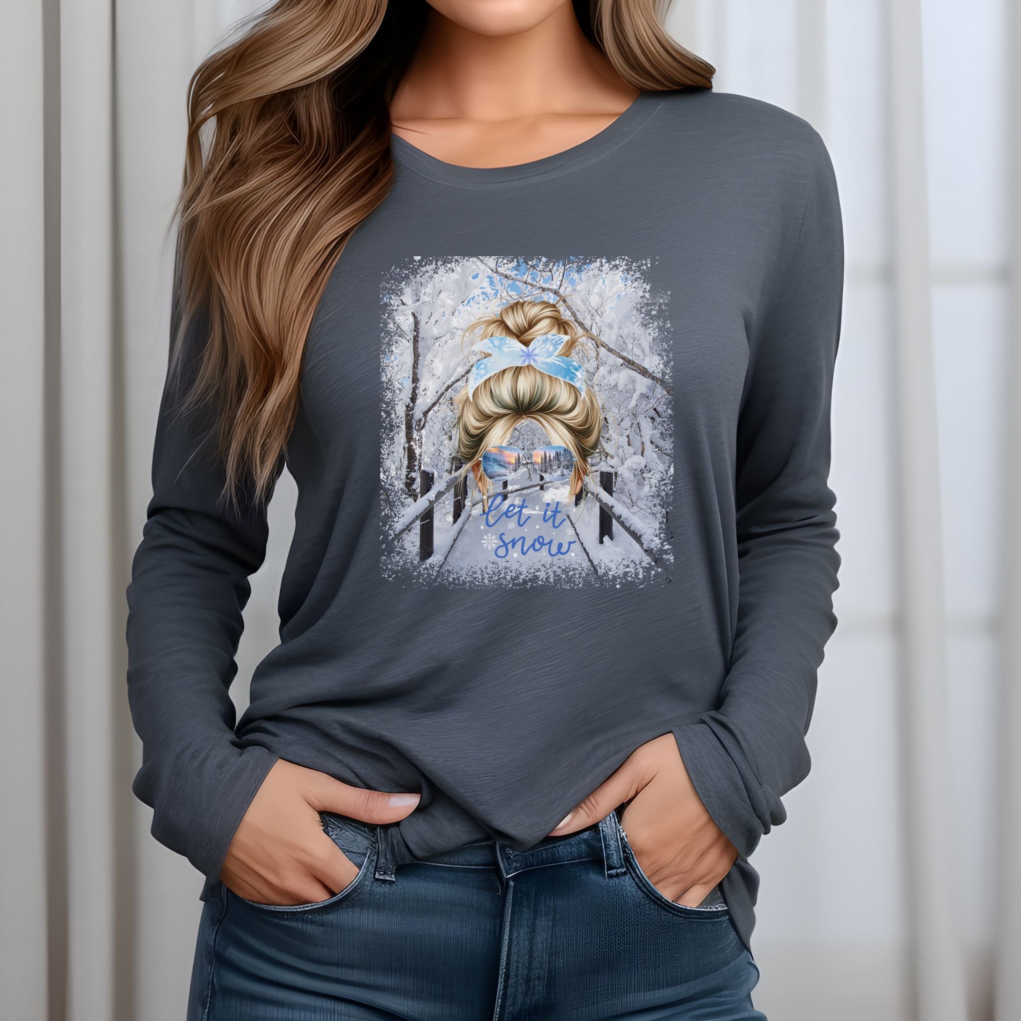 Let it Snow Winter Hike, Blond Hair Messy Bun, Unisex Jersey Long Sleeve Tee