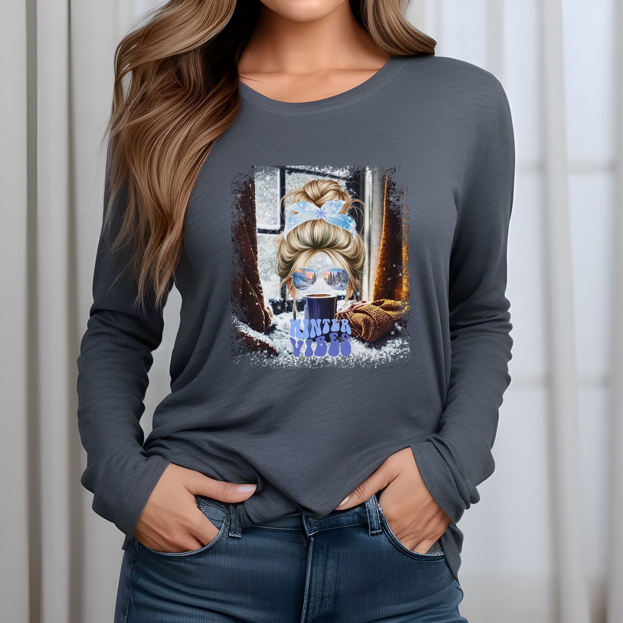 Winter Vibes Winter Home, Blond Hair Messy Bun, Unisex Jersey Long Sleeve Tee