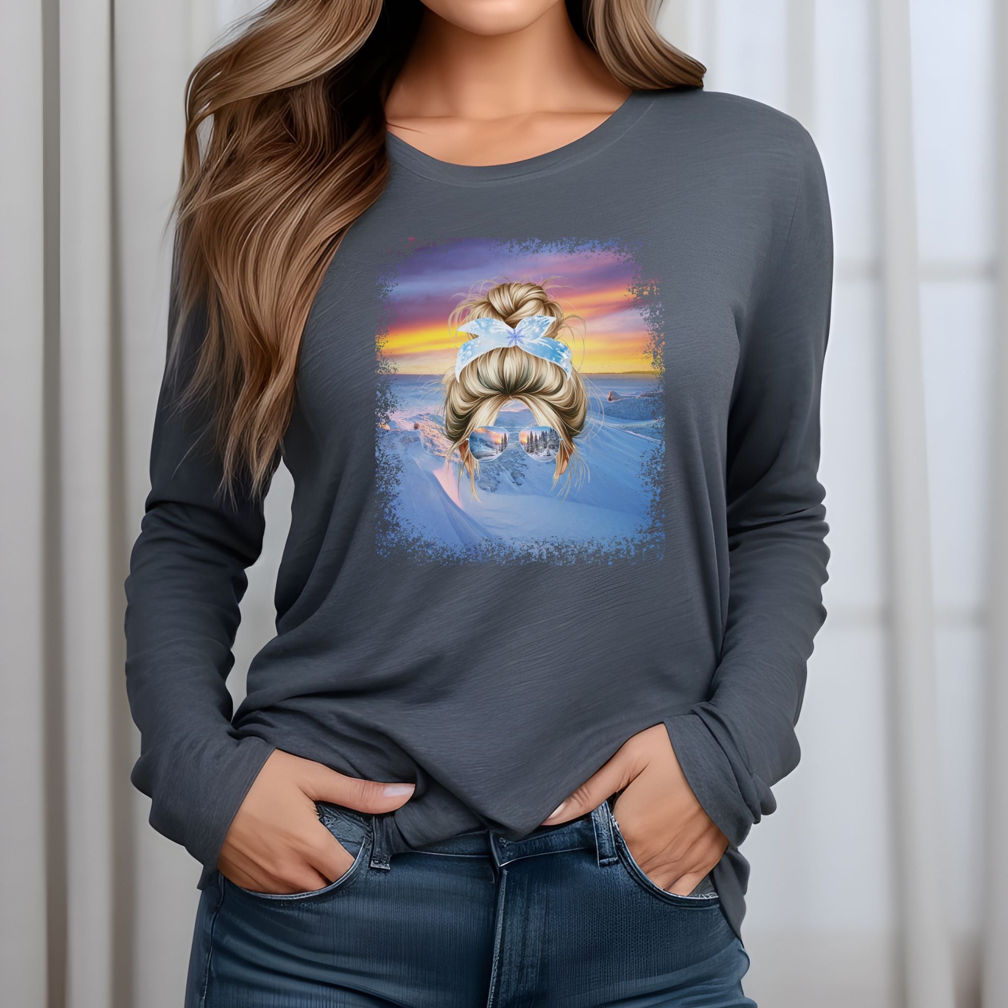 Winter Mountain, Blond Hair Messy Bun, Unisex Jersey Long Sleeve Tee