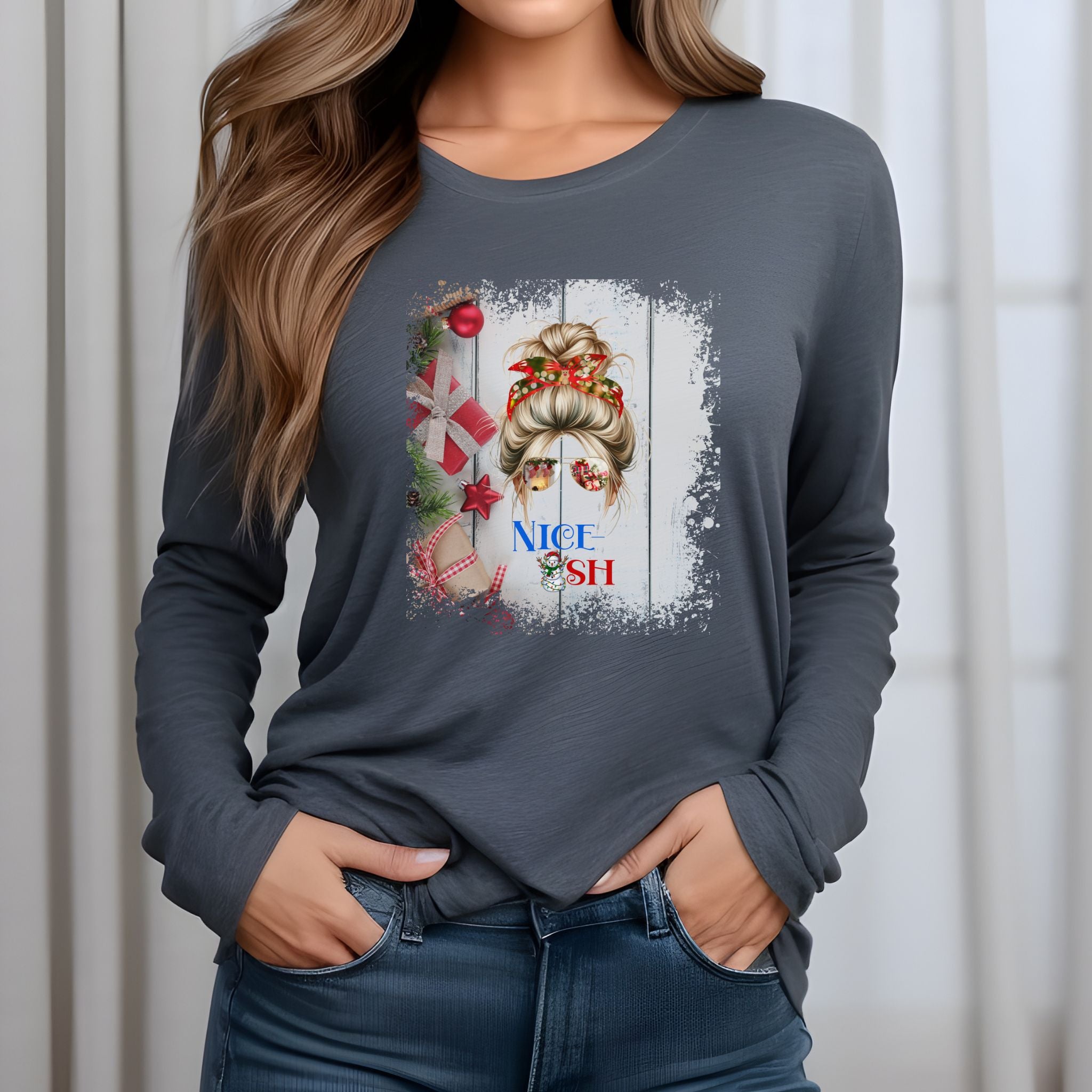 Nice-ish Christmas Presents, Blond Hair Messy Bun, Unisex Jersey Long Sleeve Tee