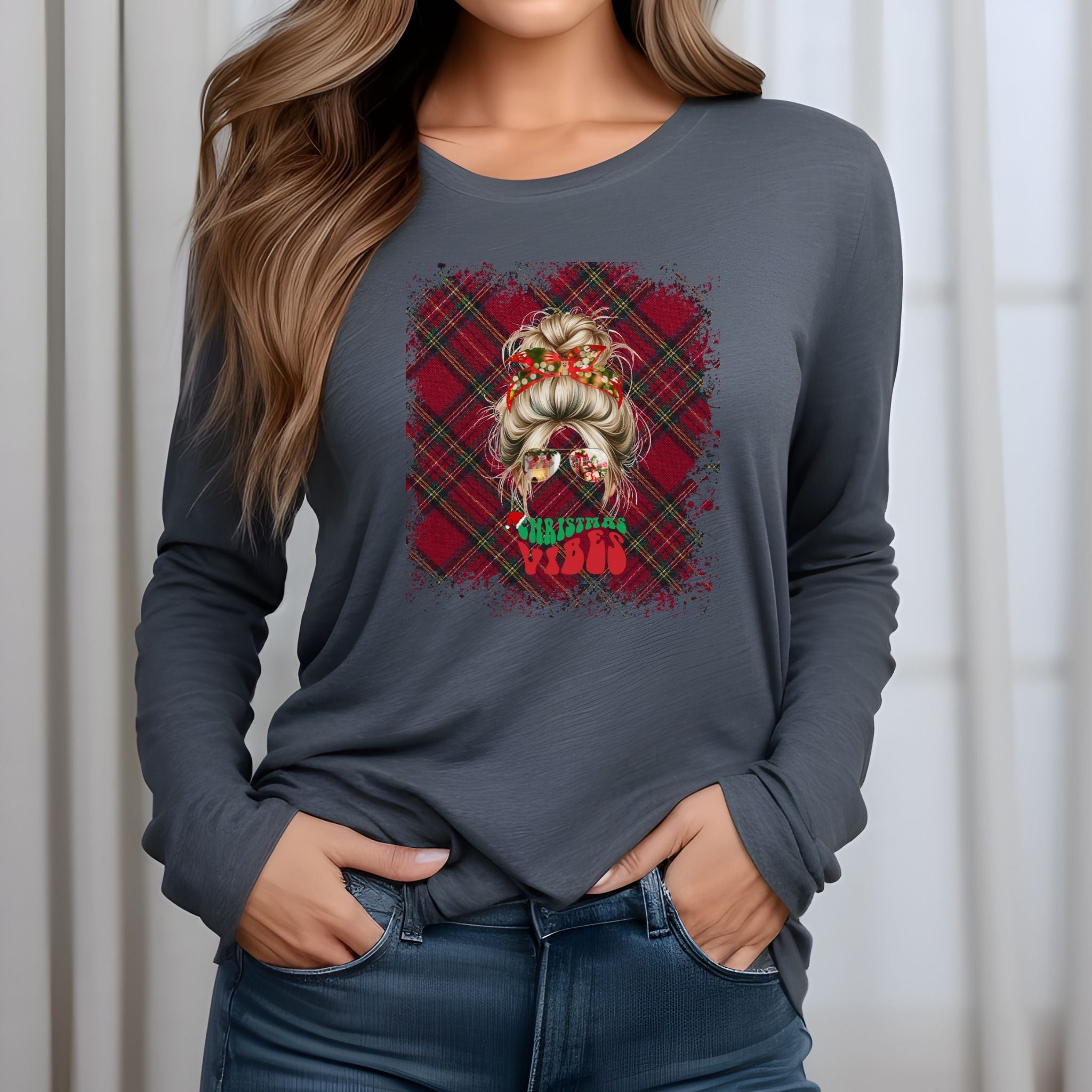 Christmas Vibes Christmas Plaid, Blond Hair Messy Bun, Unisex Jersey Long Sleeve Tee