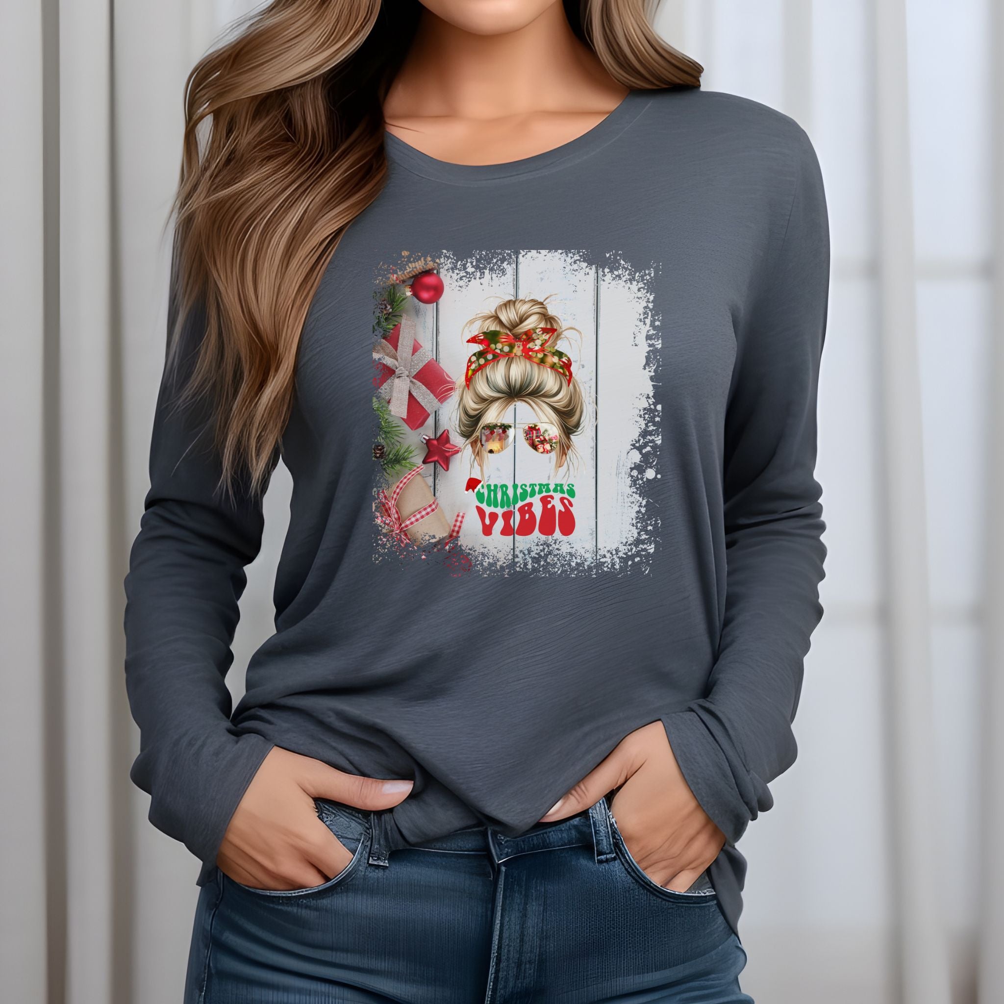 Christmas Vibes Christmas Presents, Blond Hair Messy Bun, Unisex Jersey Long Sleeve Tee