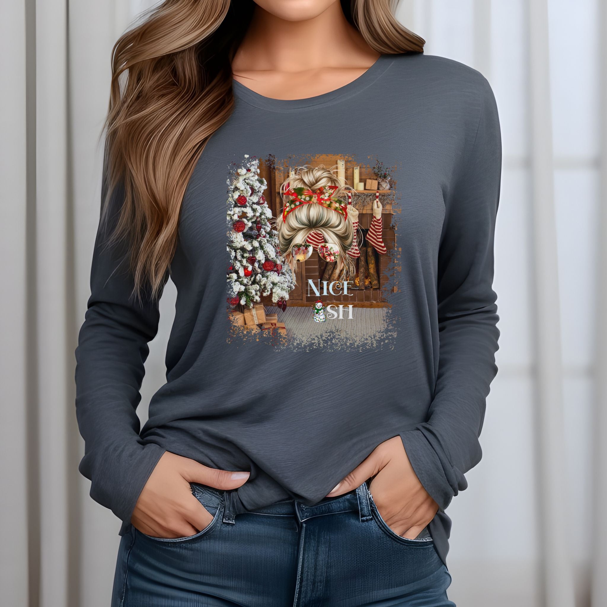 Nice-ish Christmas Home, Blond Hair Messy Bun, Unisex Jersey Long Sleeve Tee