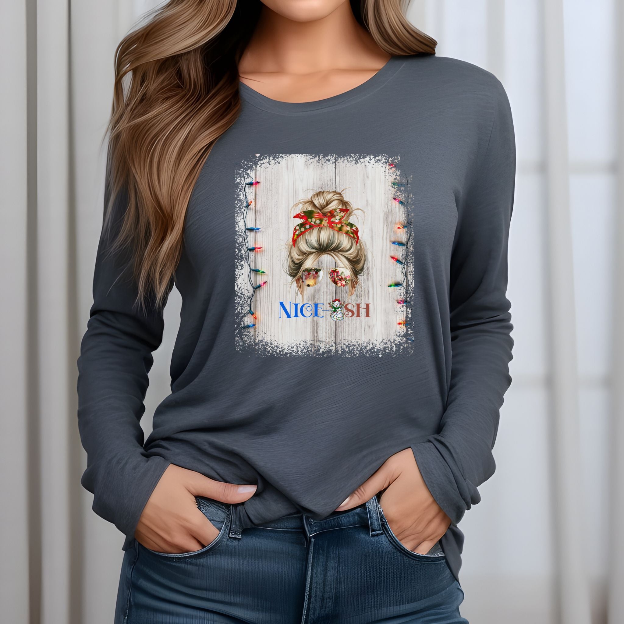 Nice-ish Christmas Lights String, Blond Hair Messy Bun, Unisex Jersey Long Sleeve Tee