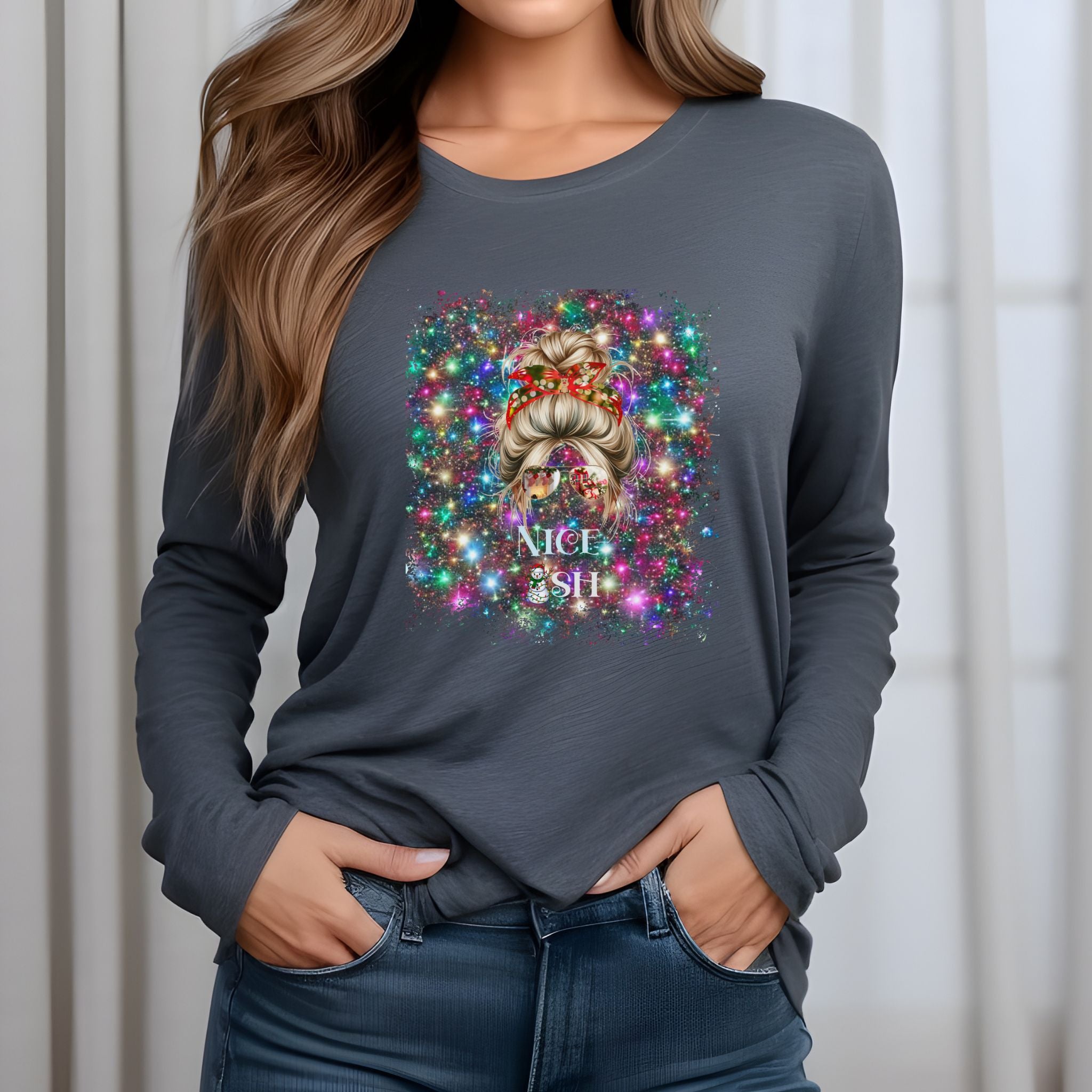 Nice-ish Christmas Lights, Blond Hair Messy Bun, Unisex Jersey Long Sleeve Tee