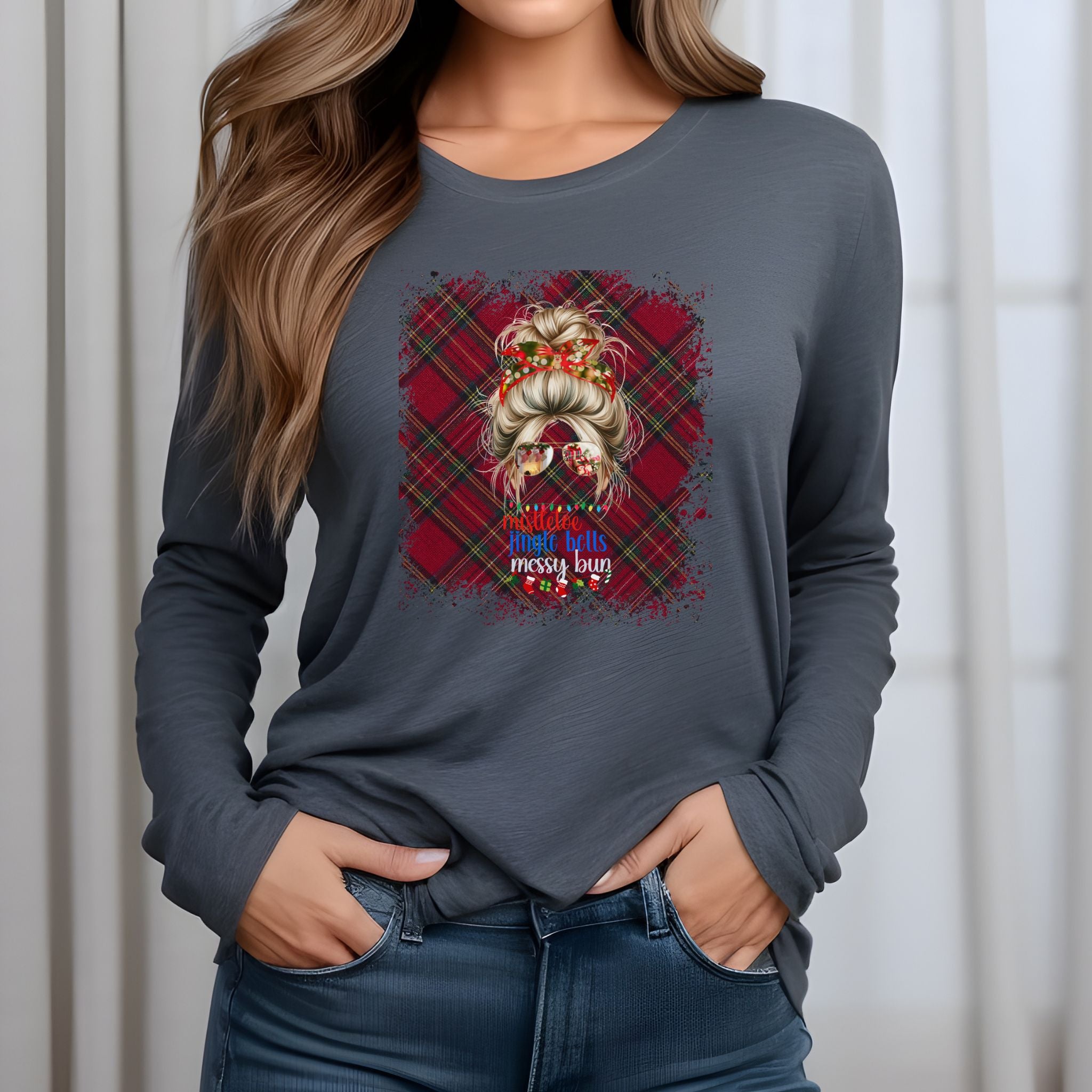 Messy Bun Christmas Plaid, Blond Hair Messy Bun, Unisex Jersey Long Sleeve Tee