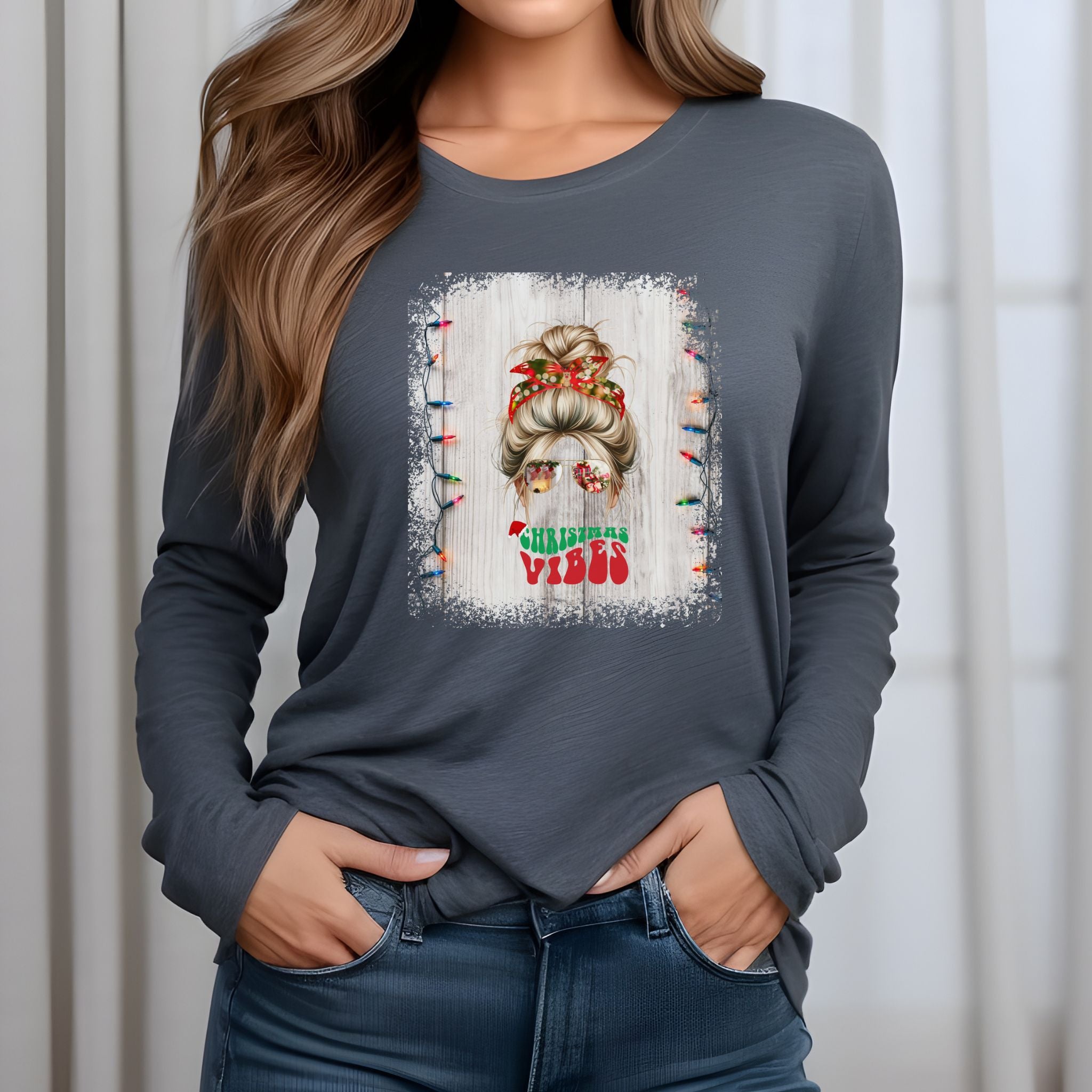 Christmas Vibes Christmas Lights String, Blond Hair Messy Bun, Unisex Jersey Long Sleeve Tee