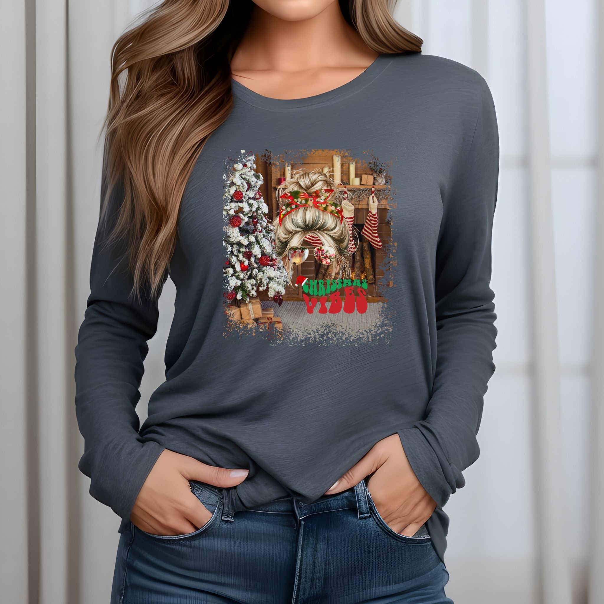 Christmas Vibes Christmas Home, Blond Hair Messy Bun, Unisex Jersey Long Sleeve Tee