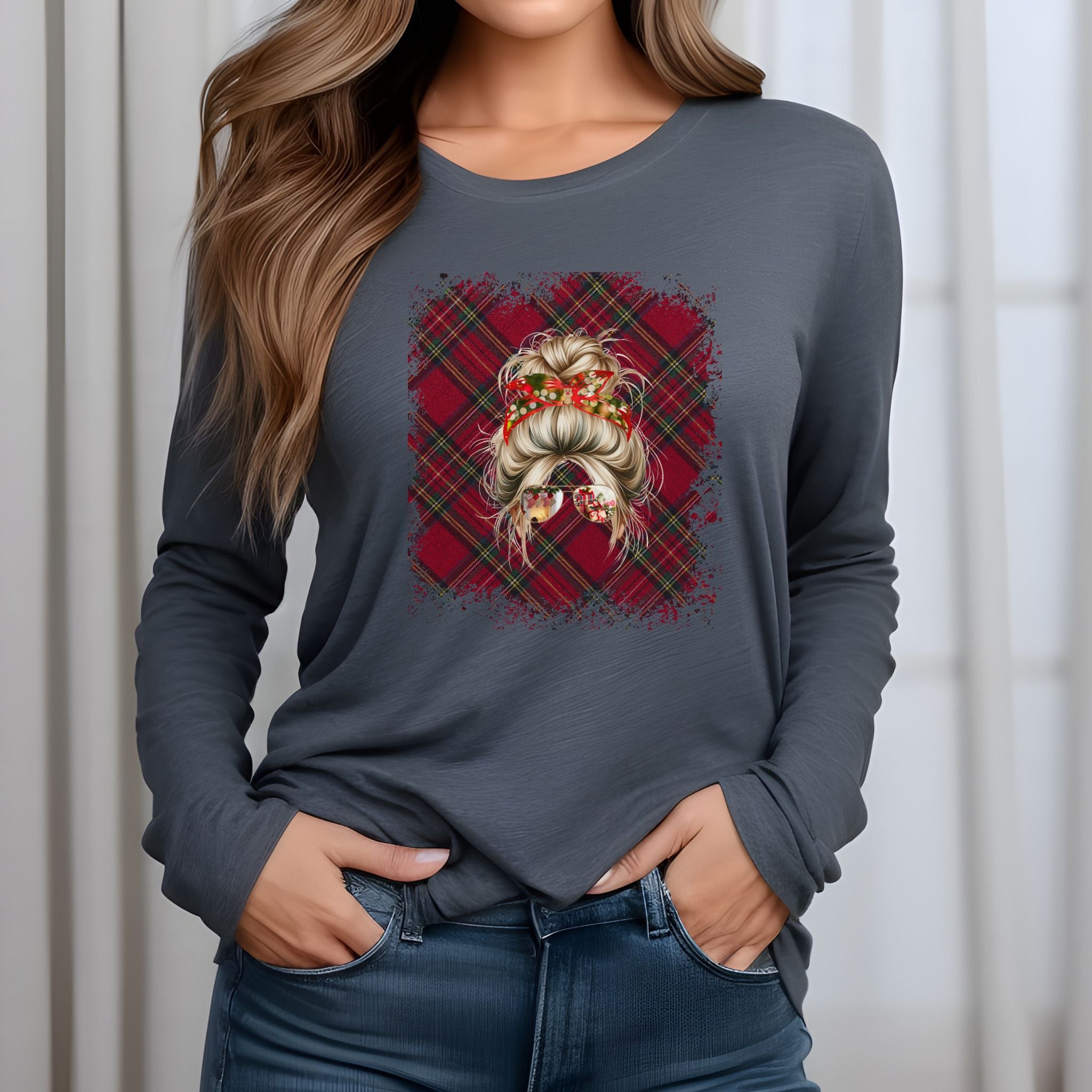 Christmas Plaid, Blond Hair Messy Bun, Unisex Jersey Long Sleeve Tee