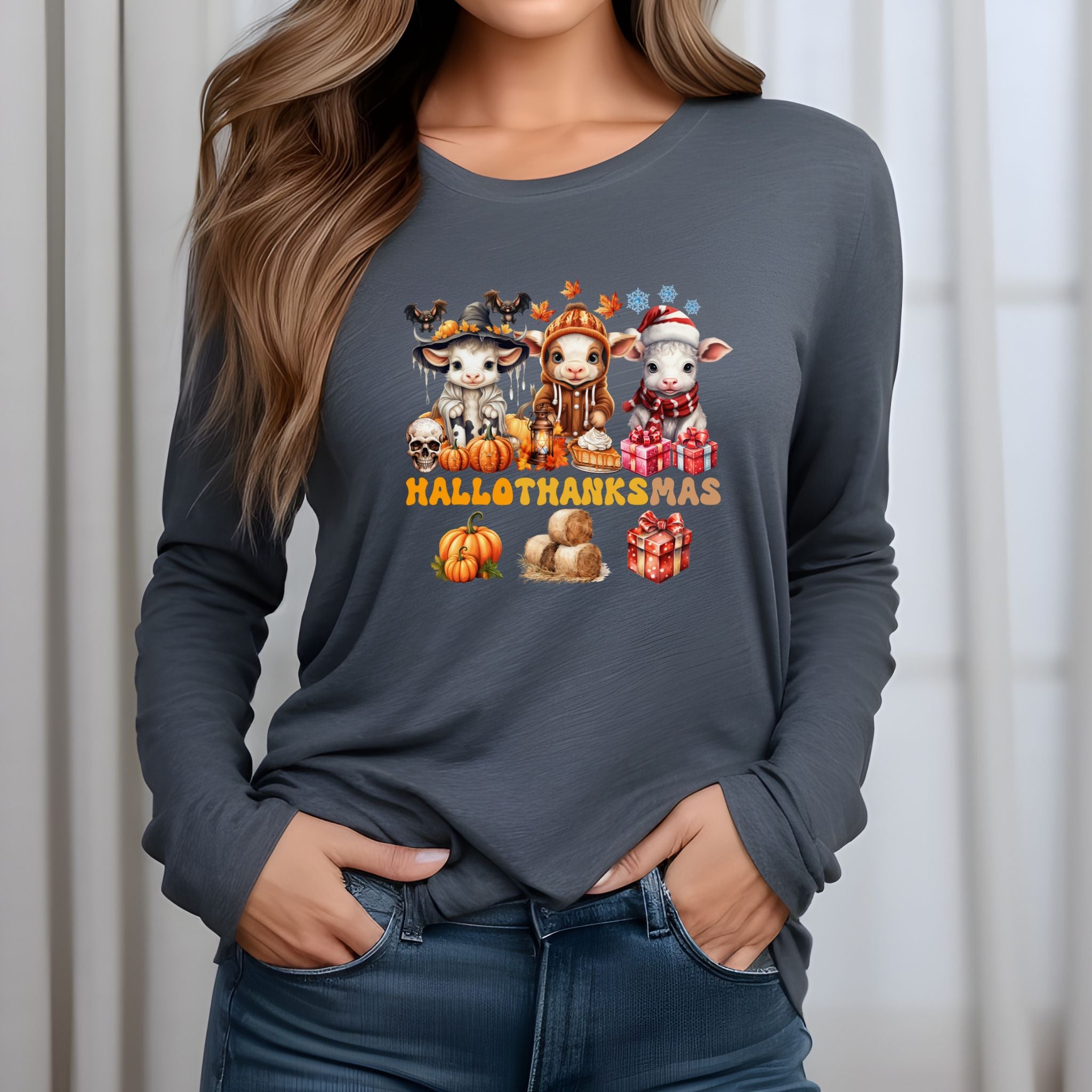 Spooky to Jolly - All-Season Celebration HalloThanksMas Tee (4), Unisex Jersey Long Sleeve Tee