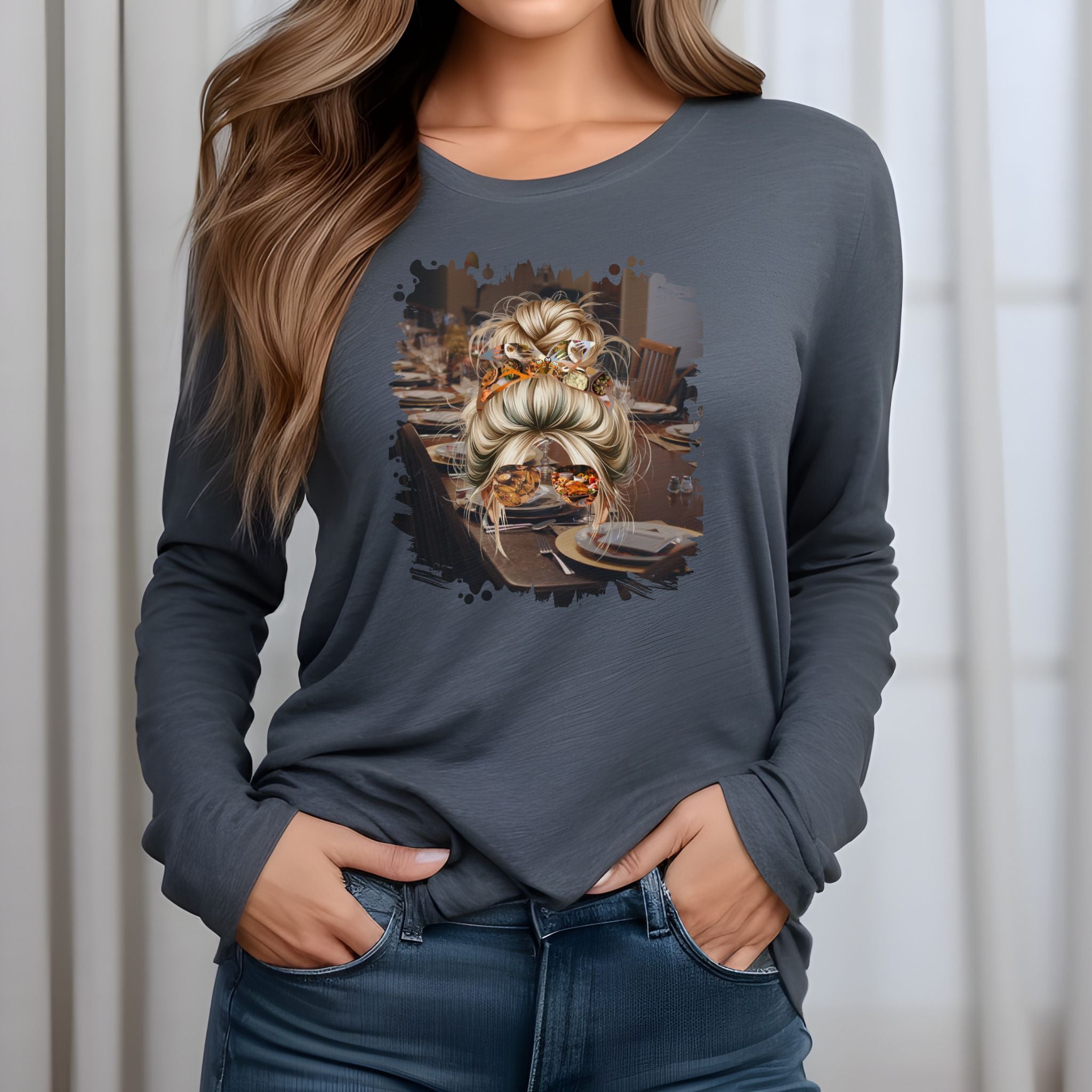 Table Setting, Blond Hair Messy Bun, Unisex Jersey Long Sleeve Tee