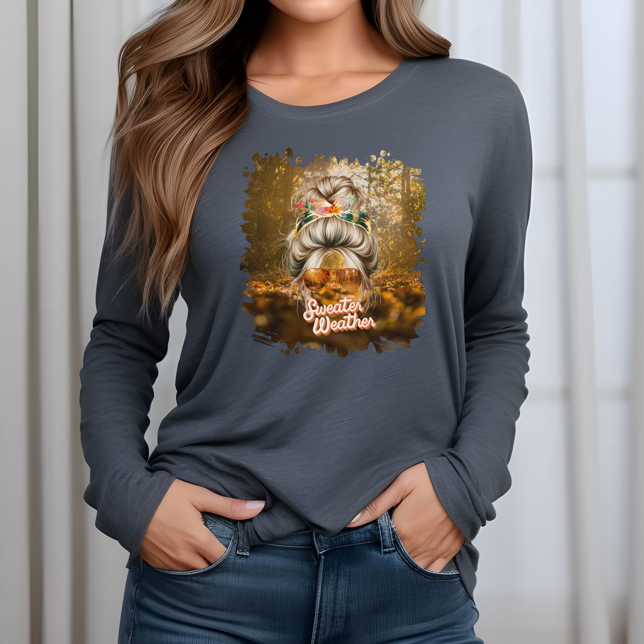 Sweater Weather Fall Forest, Blond Hair Messy Bun, Unisex Jersey Long Sleeve Tee