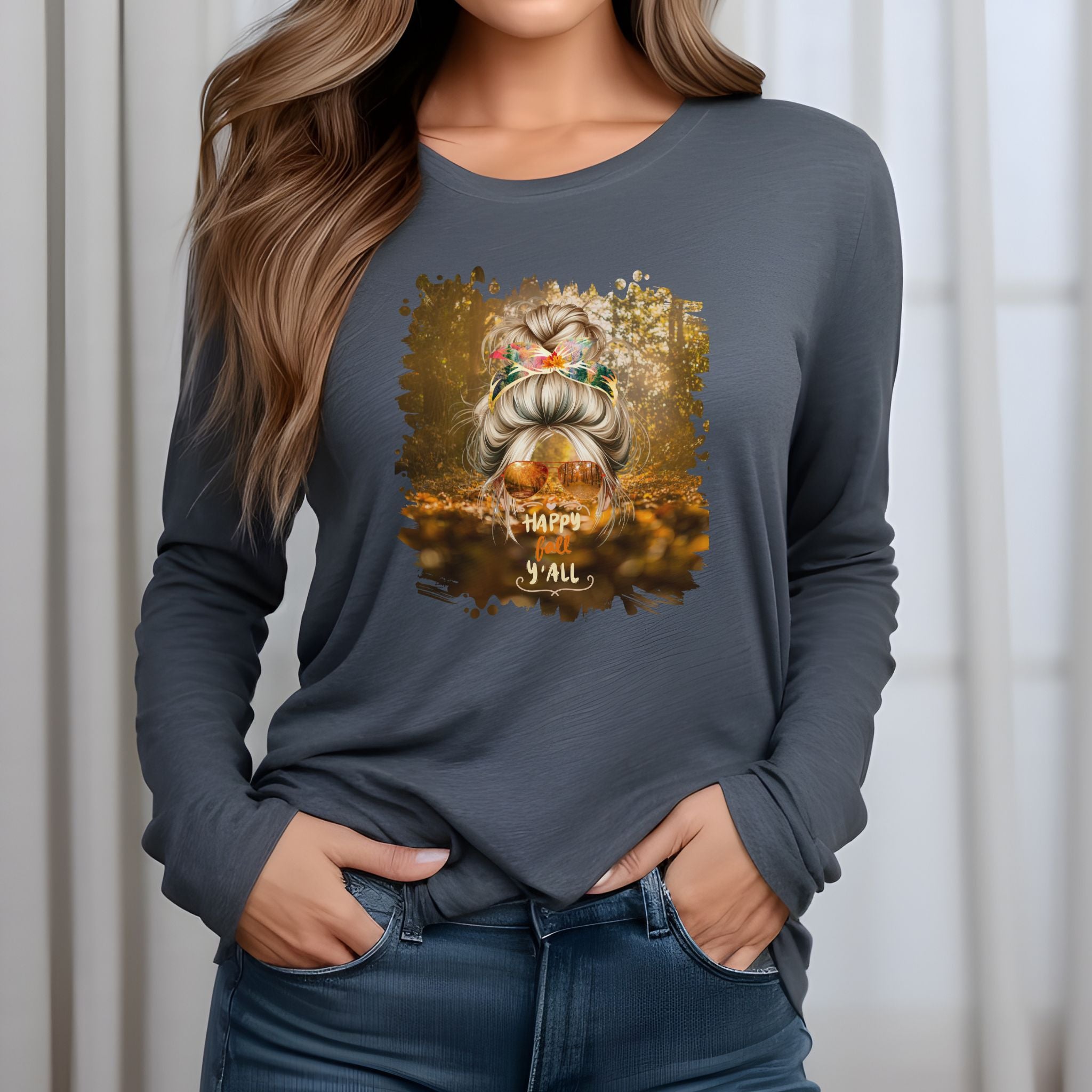 Happy Fall Y'all Fall Forest, Blond Hair Messy Bun, Unisex Jersey Long Sleeve Tee