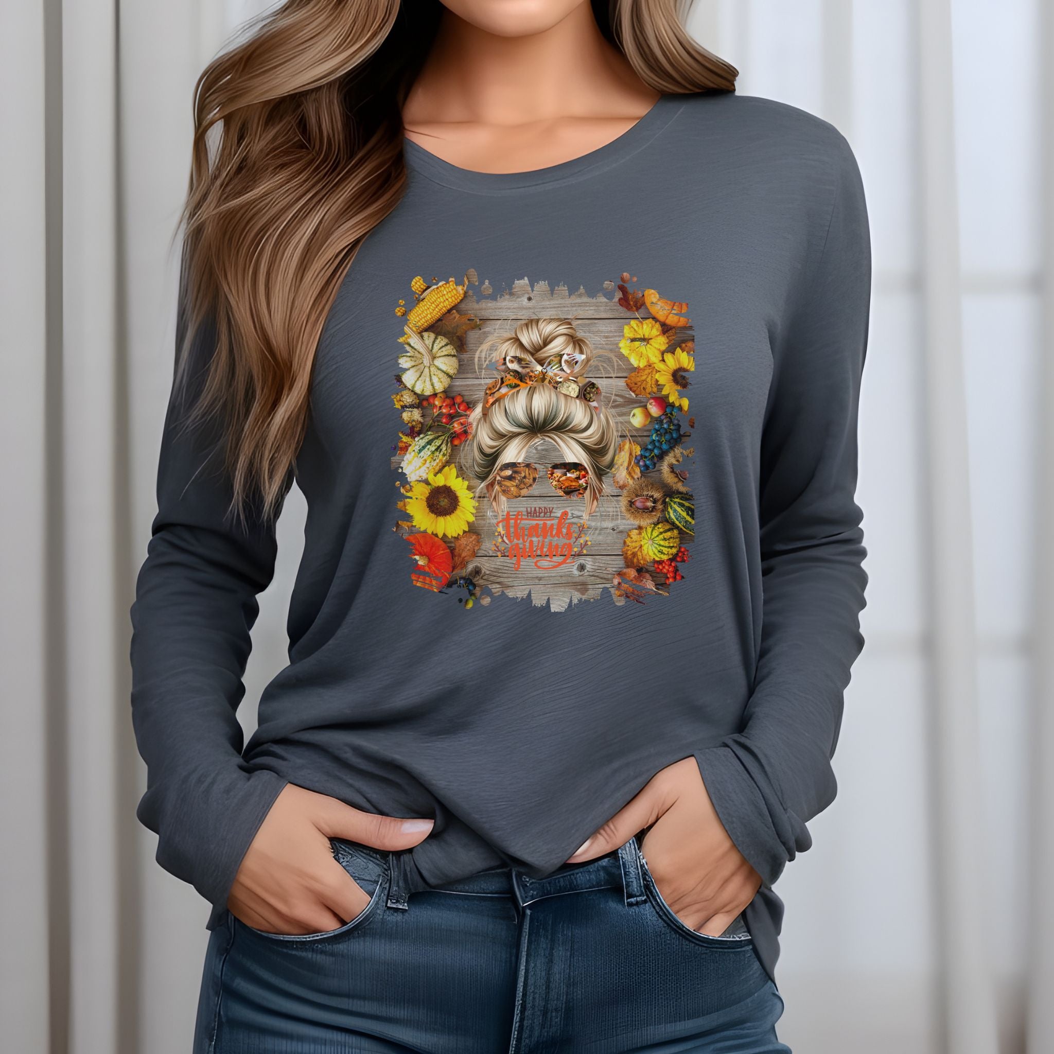 Happy Thanksgiving Decorated Background, Blond Hair Messy Bun, Unisex Jersey Long Sleeve Tee