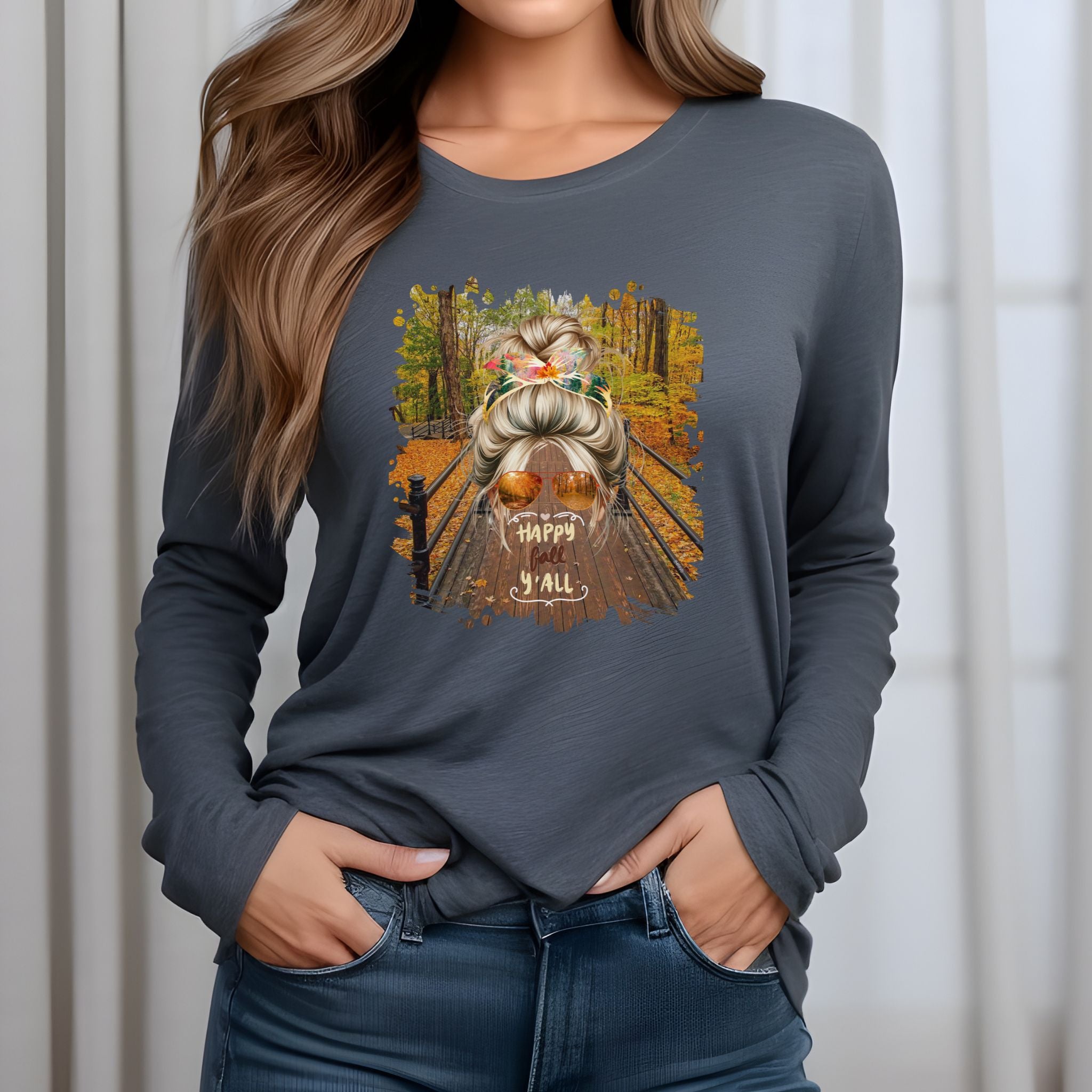 Happy Fall Y'all Fall Hike, Blond Hair Messy Bun, Unisex Jersey Long Sleeve Tee