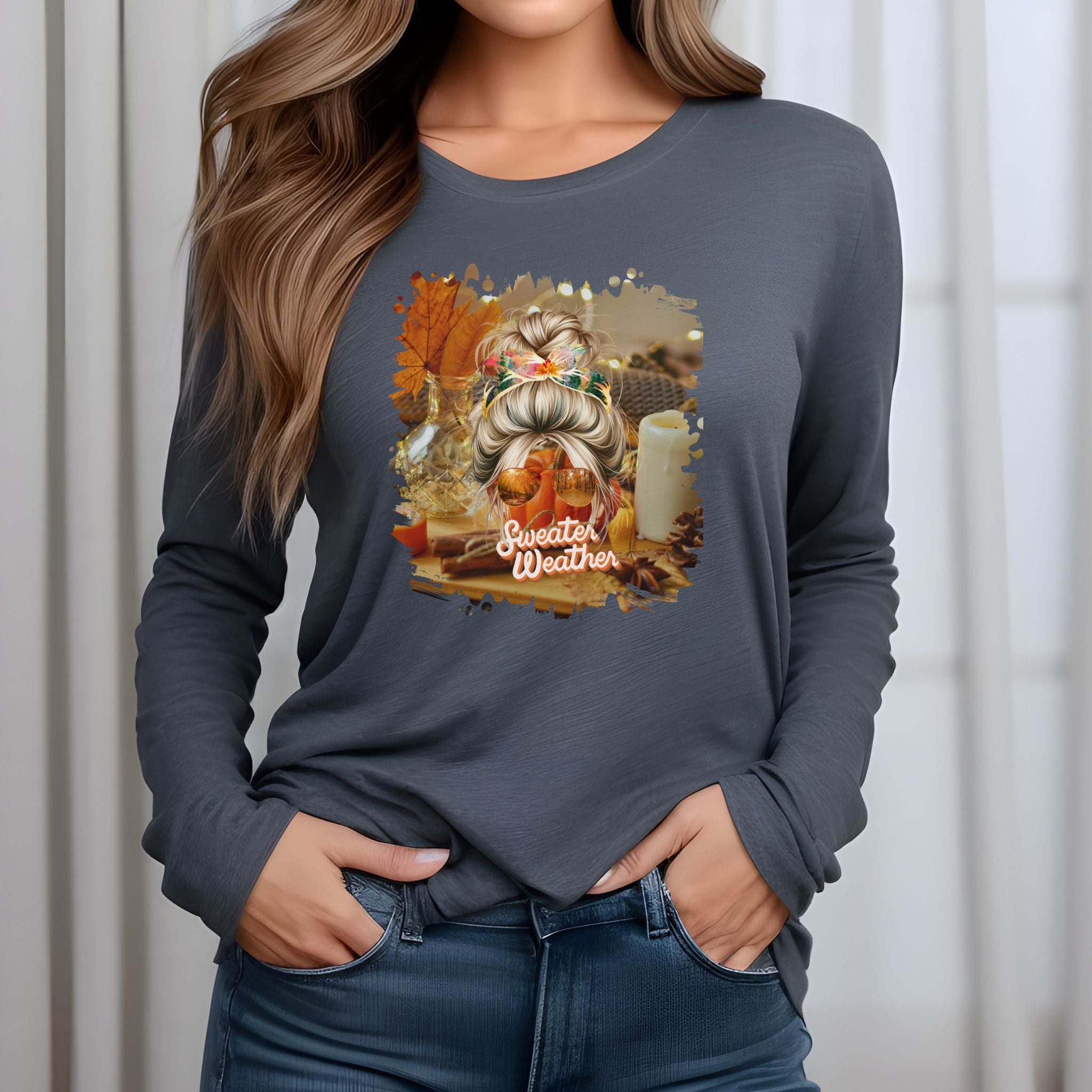 Sweater Weather Fall Home, Blond Hair Messy Bun, Unisex Jersey Long Sleeve Tee