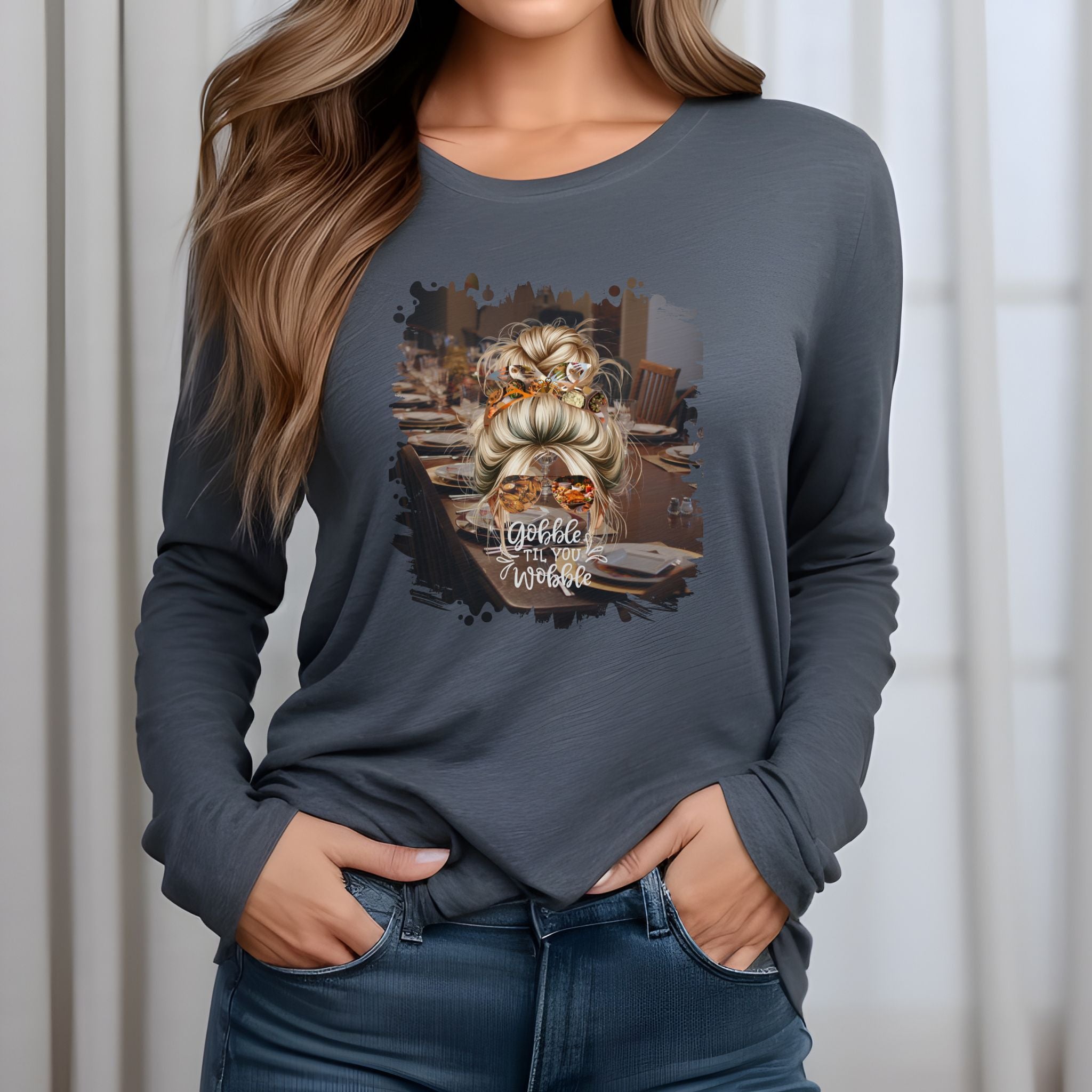 Gobble til You Wobble Table Setting, Blond Hair Messy Bun, Unisex Jersey Long Sleeve Tee