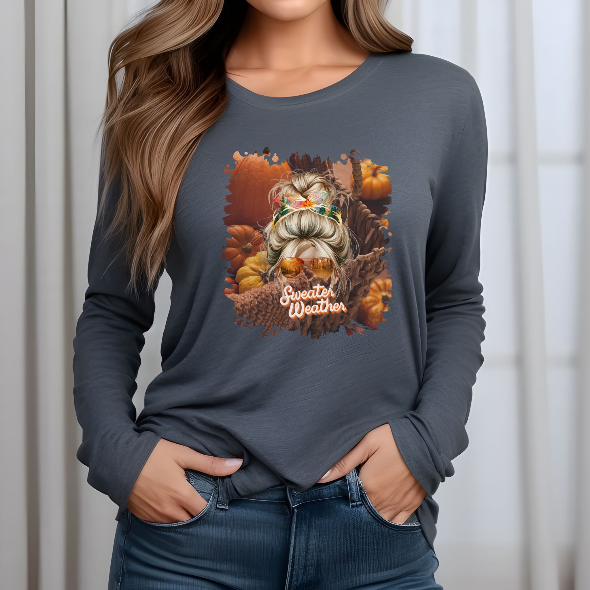 Sweater Weather Fall Pumpkins, Blond Hair Messy Bun, Unisex Jersey Long Sleeve Tee