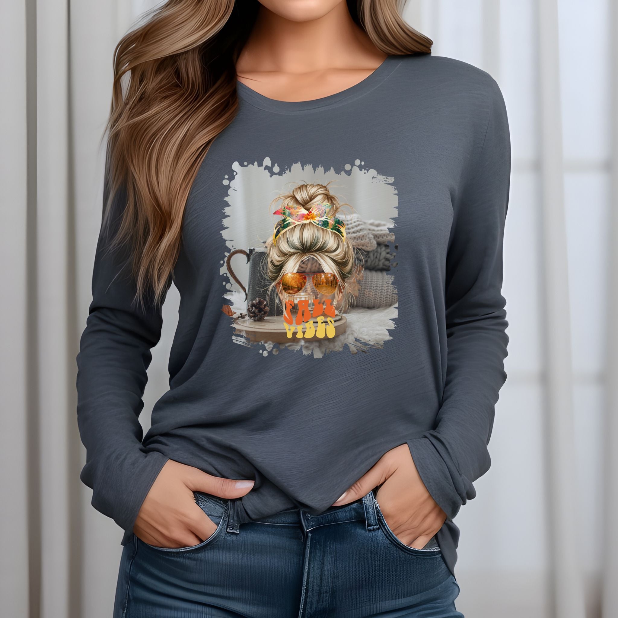 Fall Vibes Fall Sweater, Blond Hair Messy Bun, Unisex Jersey Long Sleeve Tee