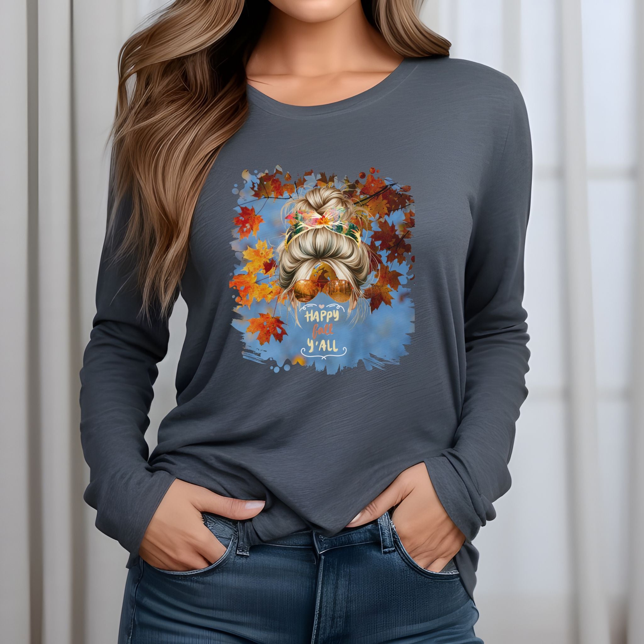 Happy Fall Y'all Fall Sky, Blond Hair Messy Bun, Unisex Jersey Long Sleeve Tee