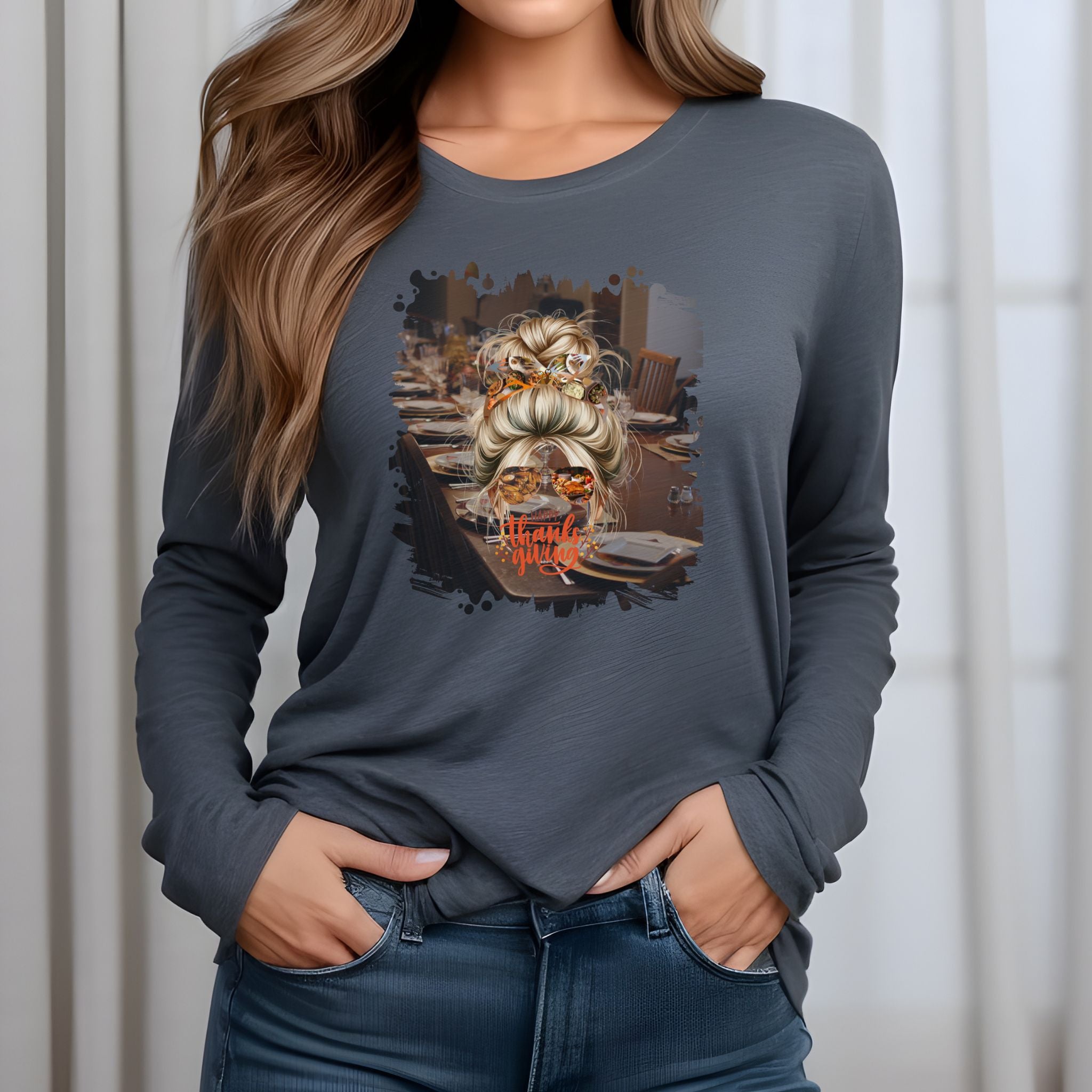 Happy Thanksgiving Table Setting, Blond Hair Messy Bun, Unisex Jersey Long Sleeve Tee