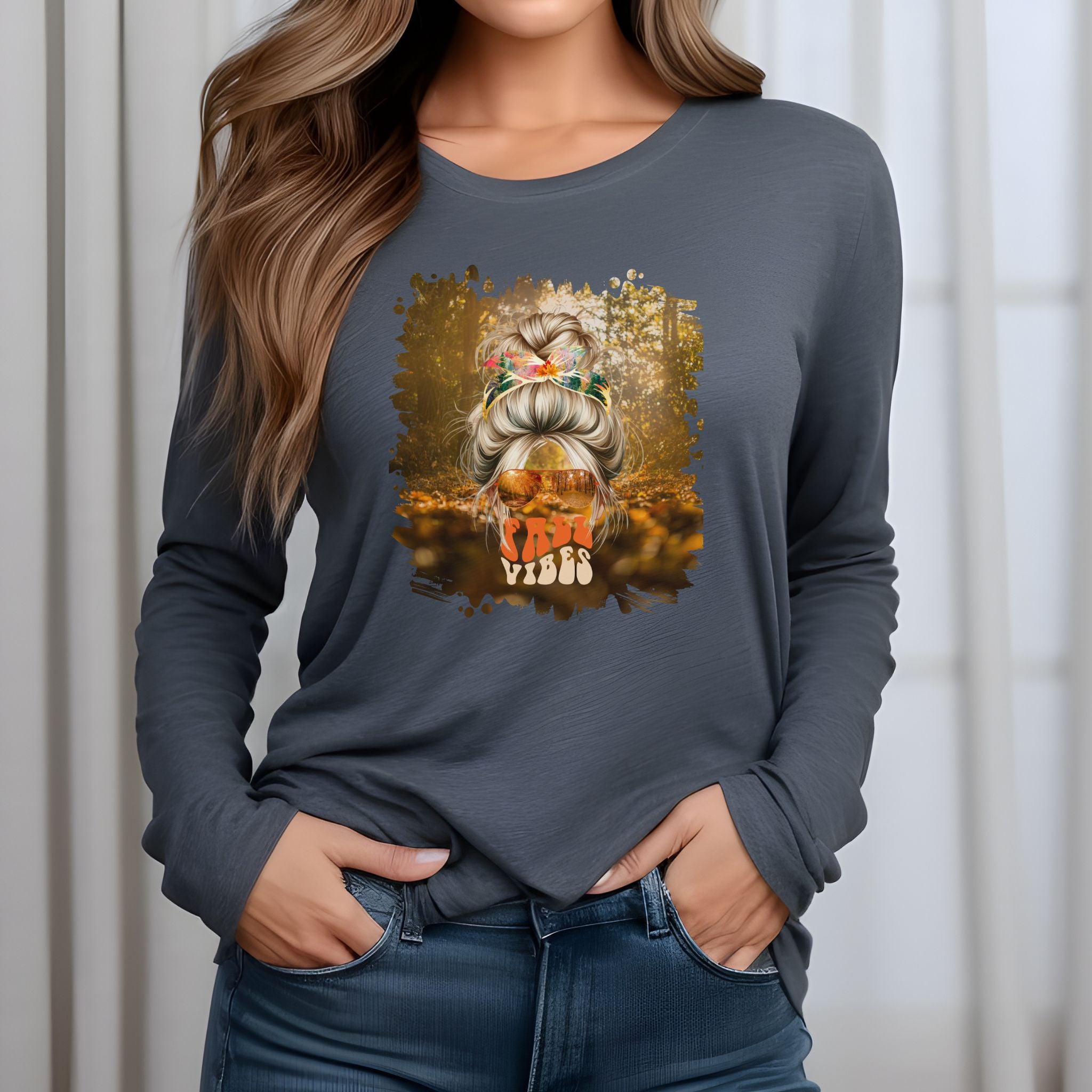 Fall Vibes Fall Forest, Blond Hair Messy Bun, Unisex Jersey Long Sleeve Tee