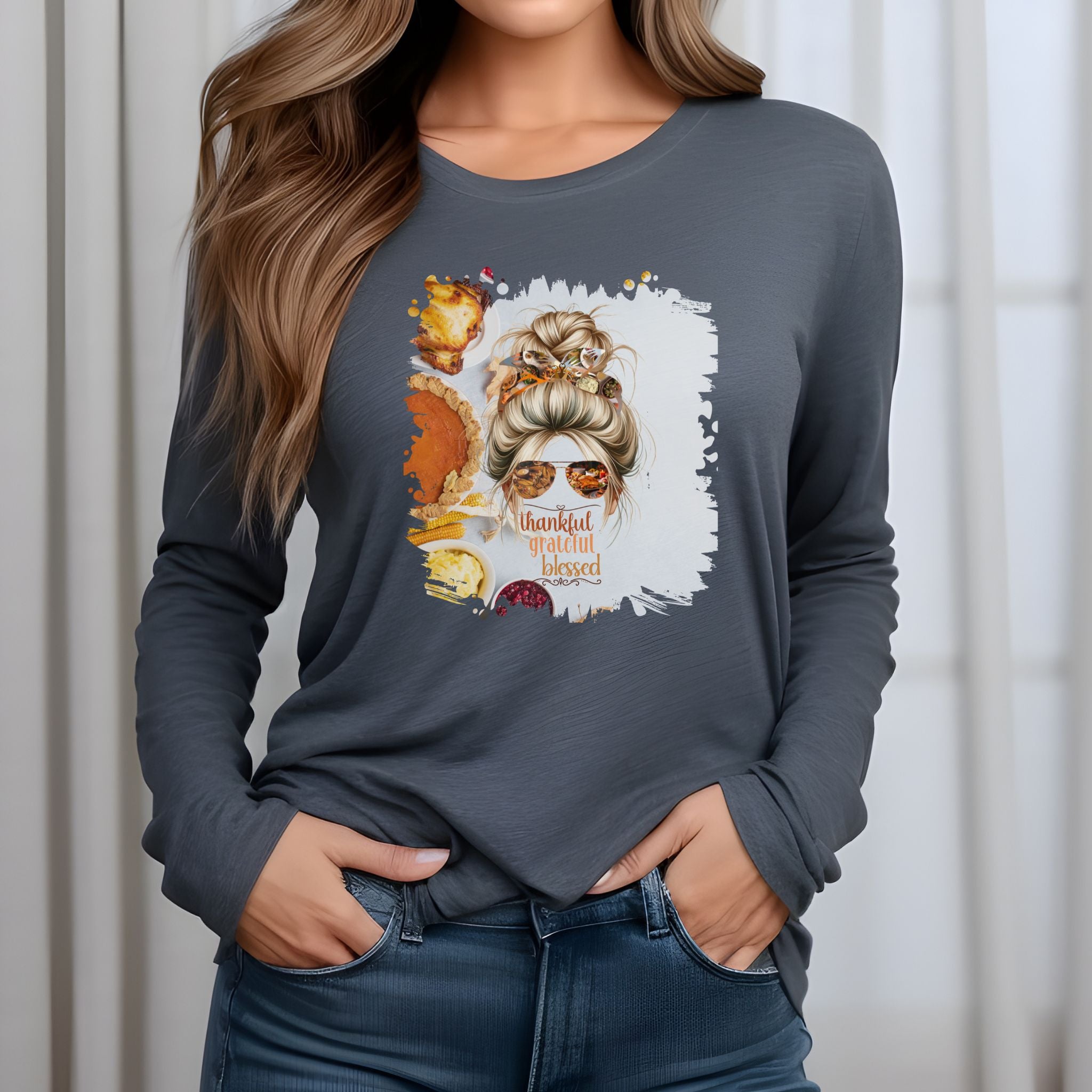 Thankful Grateful Blessed Thanksgiving Pie, Blond Hair Messy Bun, Unisex Jersey Long Sleeve Tee