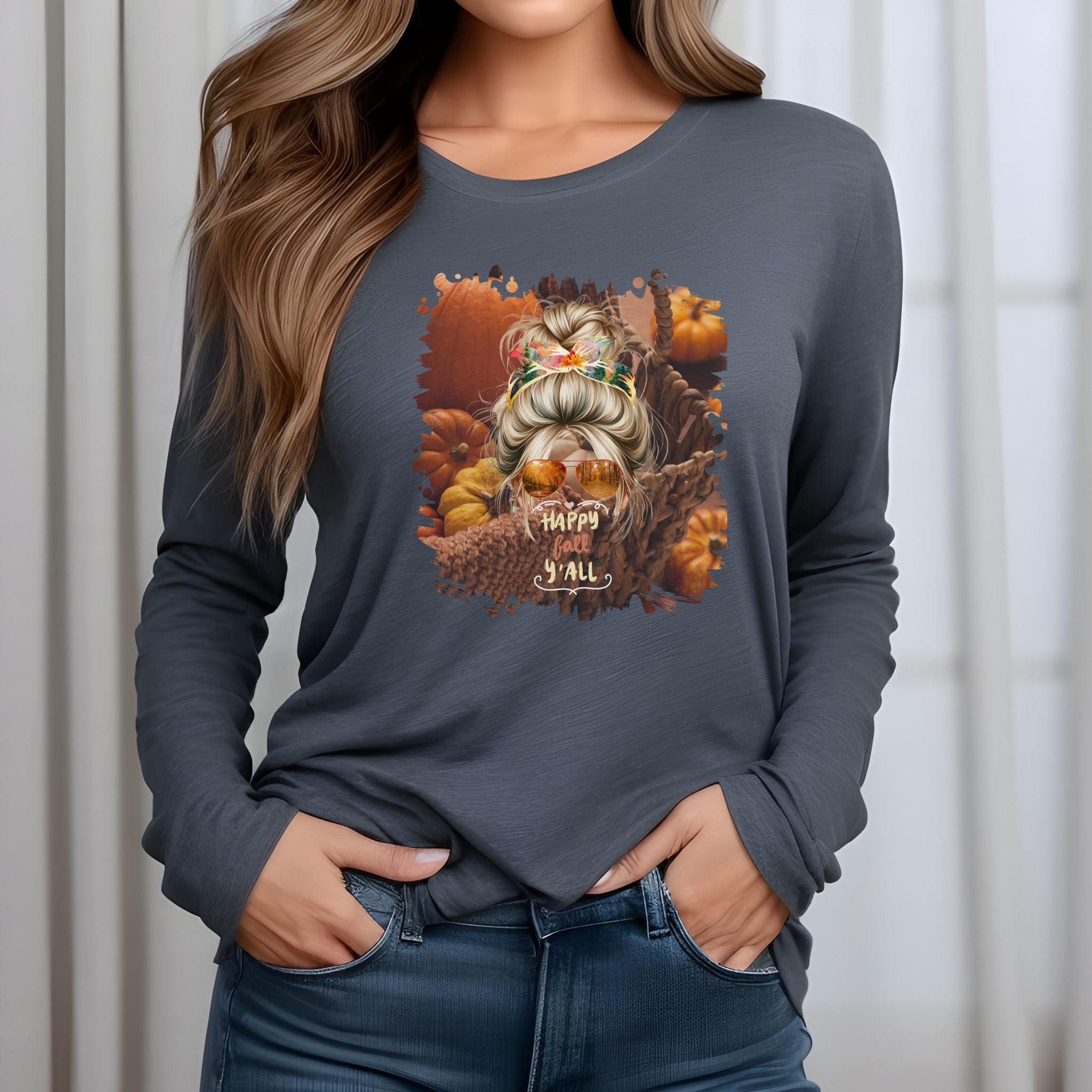 Happy Fall Y'all Fall Pumpkins, Blond Hair Messy Bun, Unisex Jersey Long Sleeve Tee