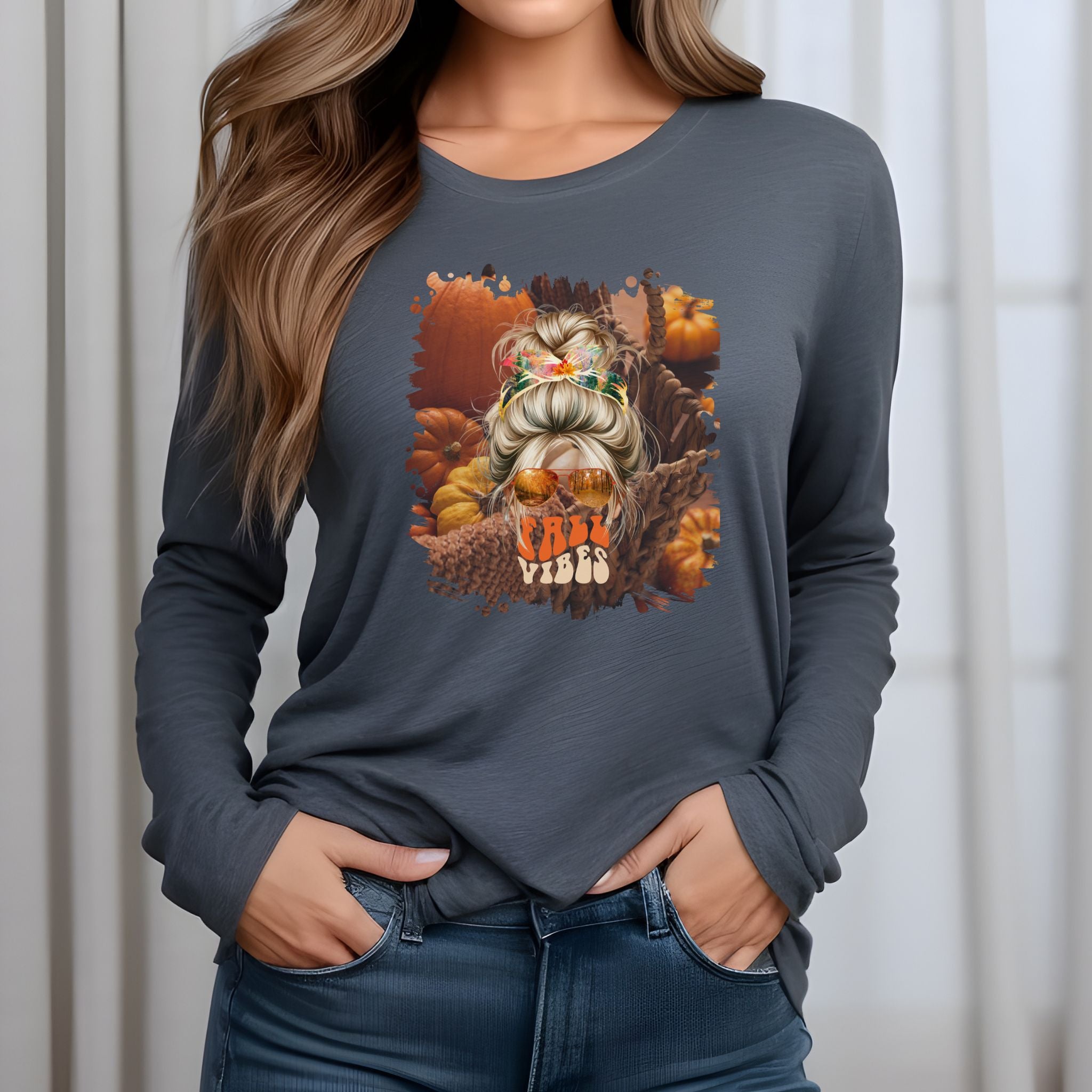 Fall Vibes Fall Pumpkins, Blond Hair Messy Bun, Unisex Jersey Long Sleeve Tee