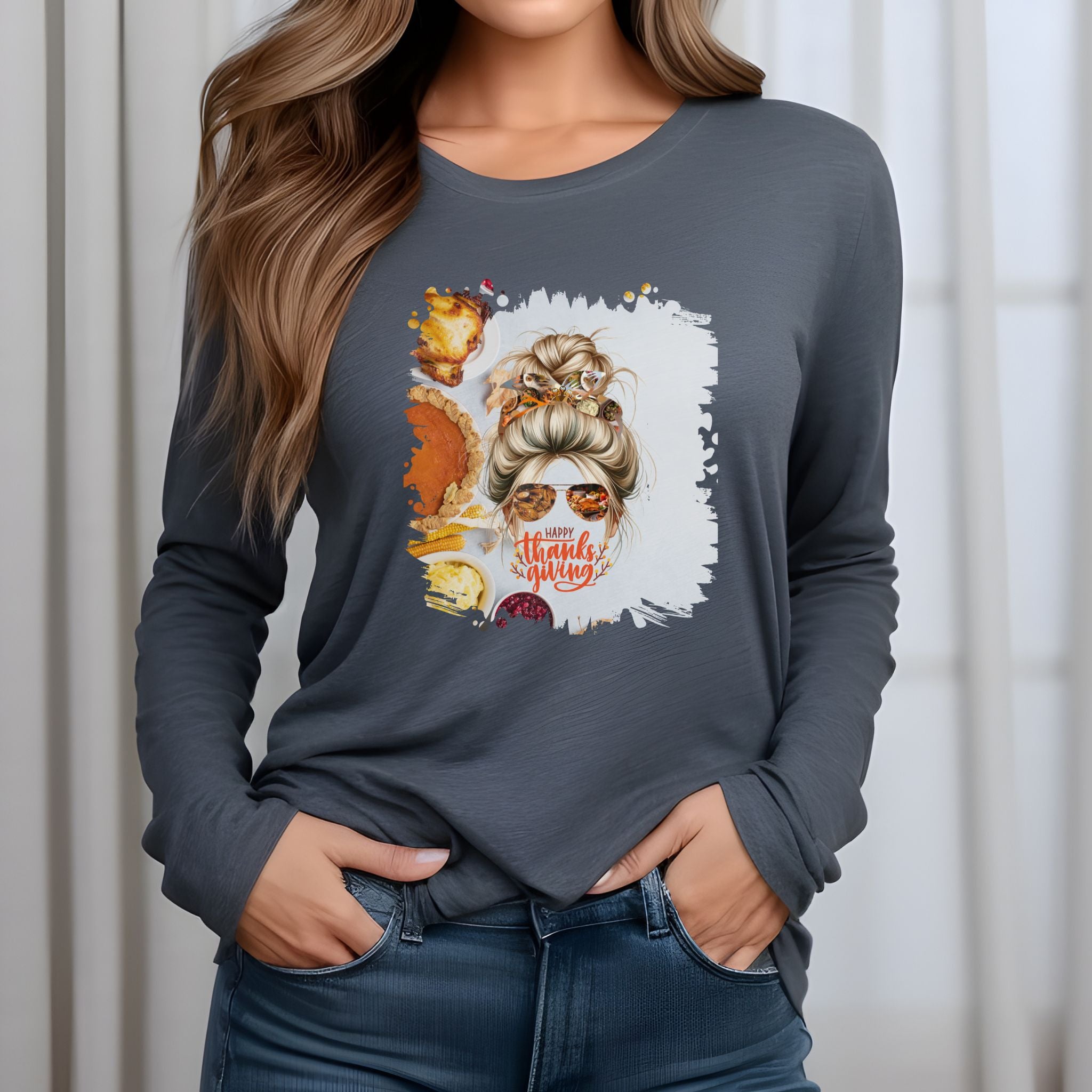 Happy Thanksgiving Thanksgiving Pie, Blond Hair Messy Bun, Unisex Jersey Long Sleeve Tee