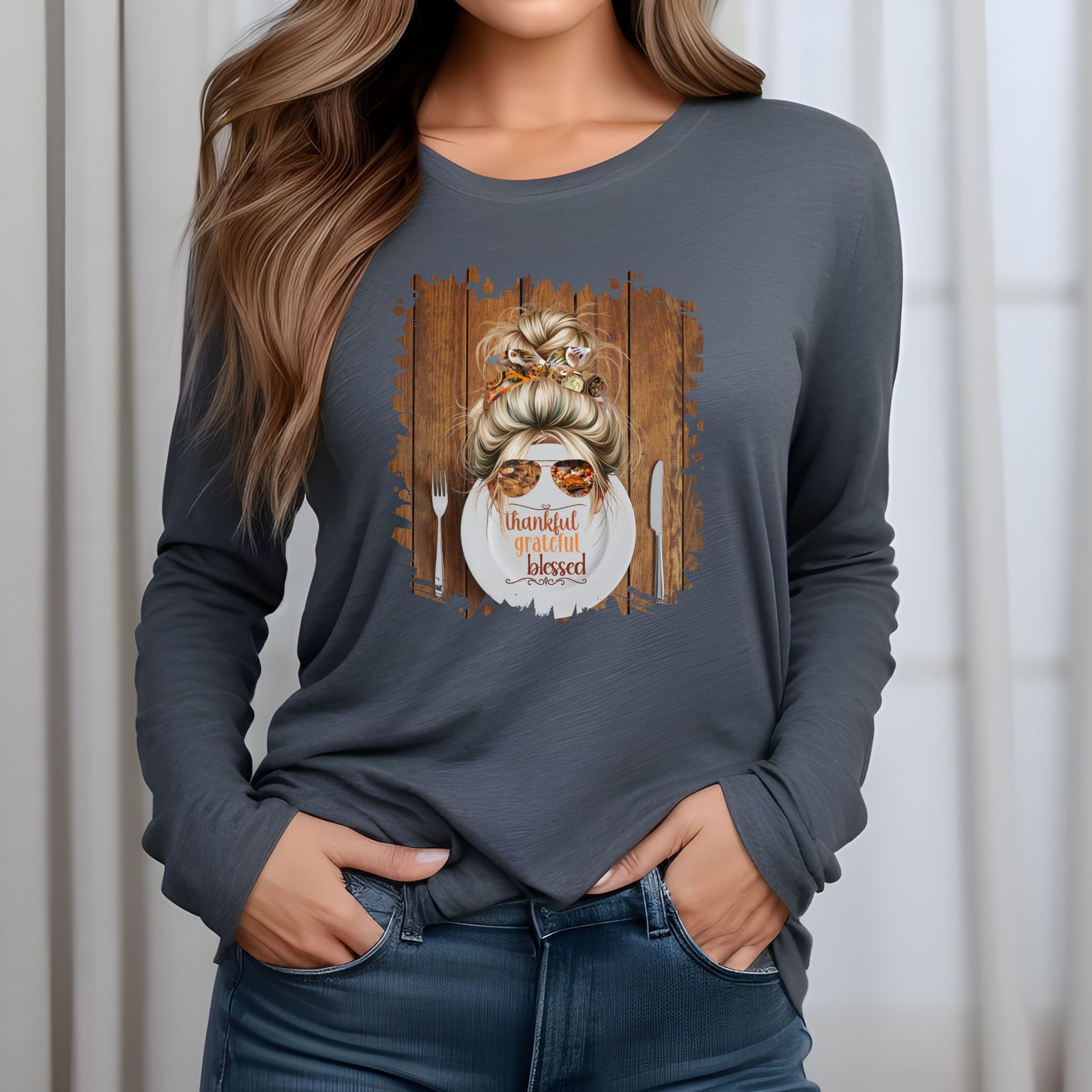 Thankful Grateful Blessed Plate Setting, Blond Hair Messy Bun, Unisex Jersey Long Sleeve Tee