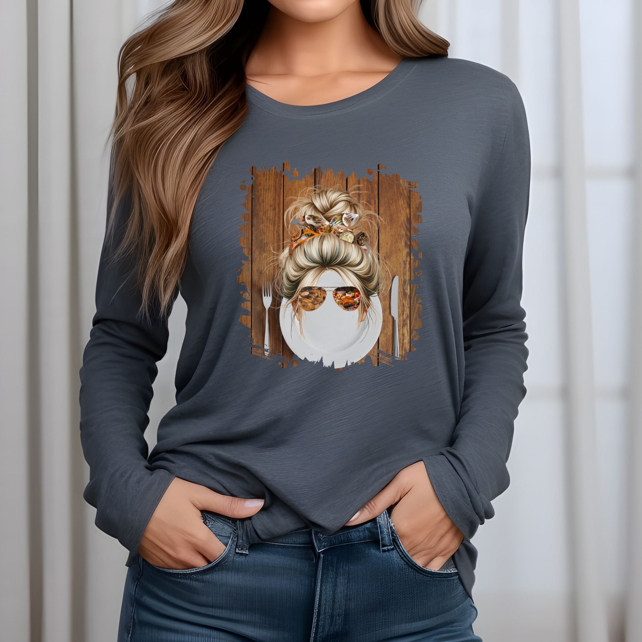 Plate Setting, Blond Hair Messy Bun, Unisex Jersey Long Sleeve Tee