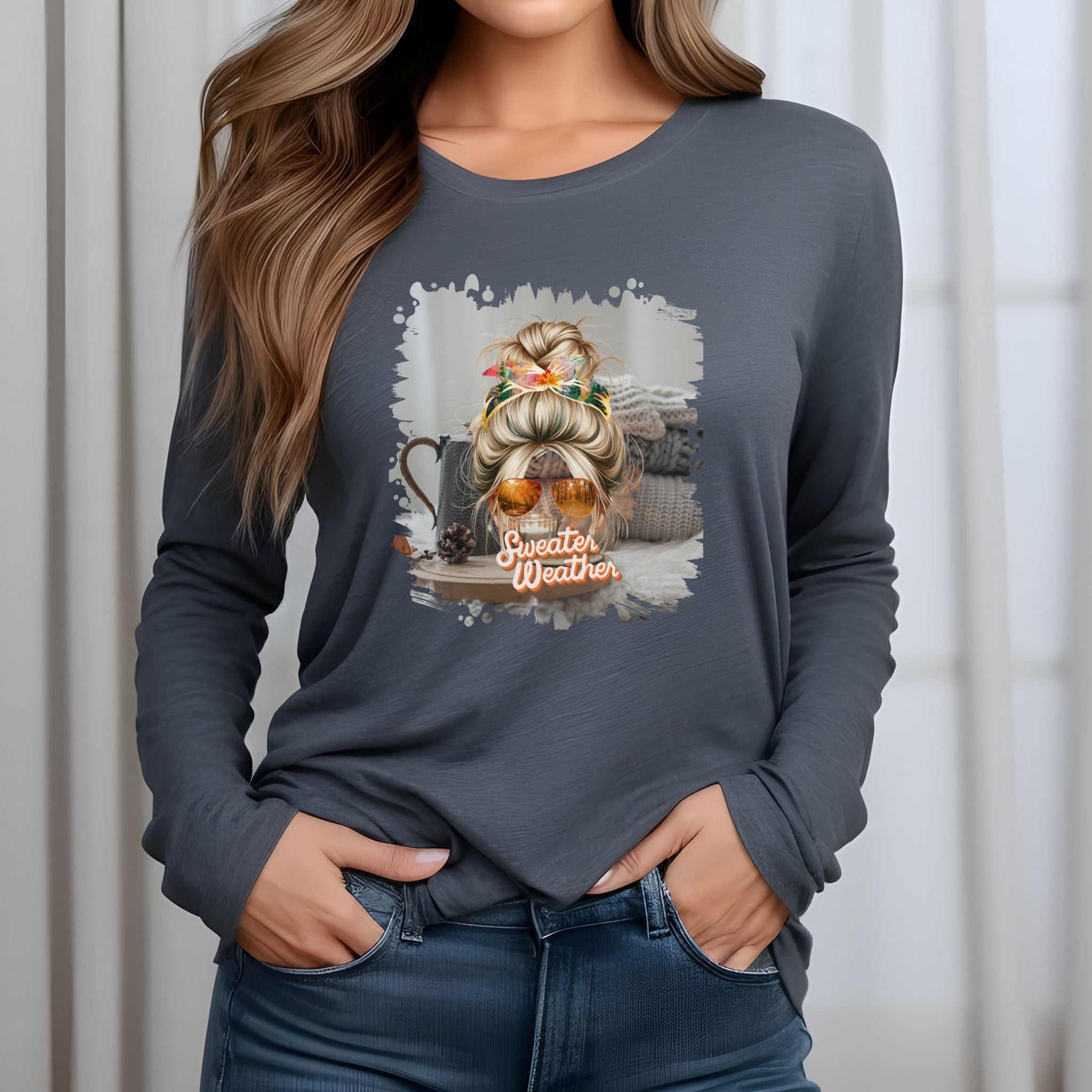 Sweater Weather Fall Sweater, Blond Hair Messy Bun, Unisex Jersey Long Sleeve Tee