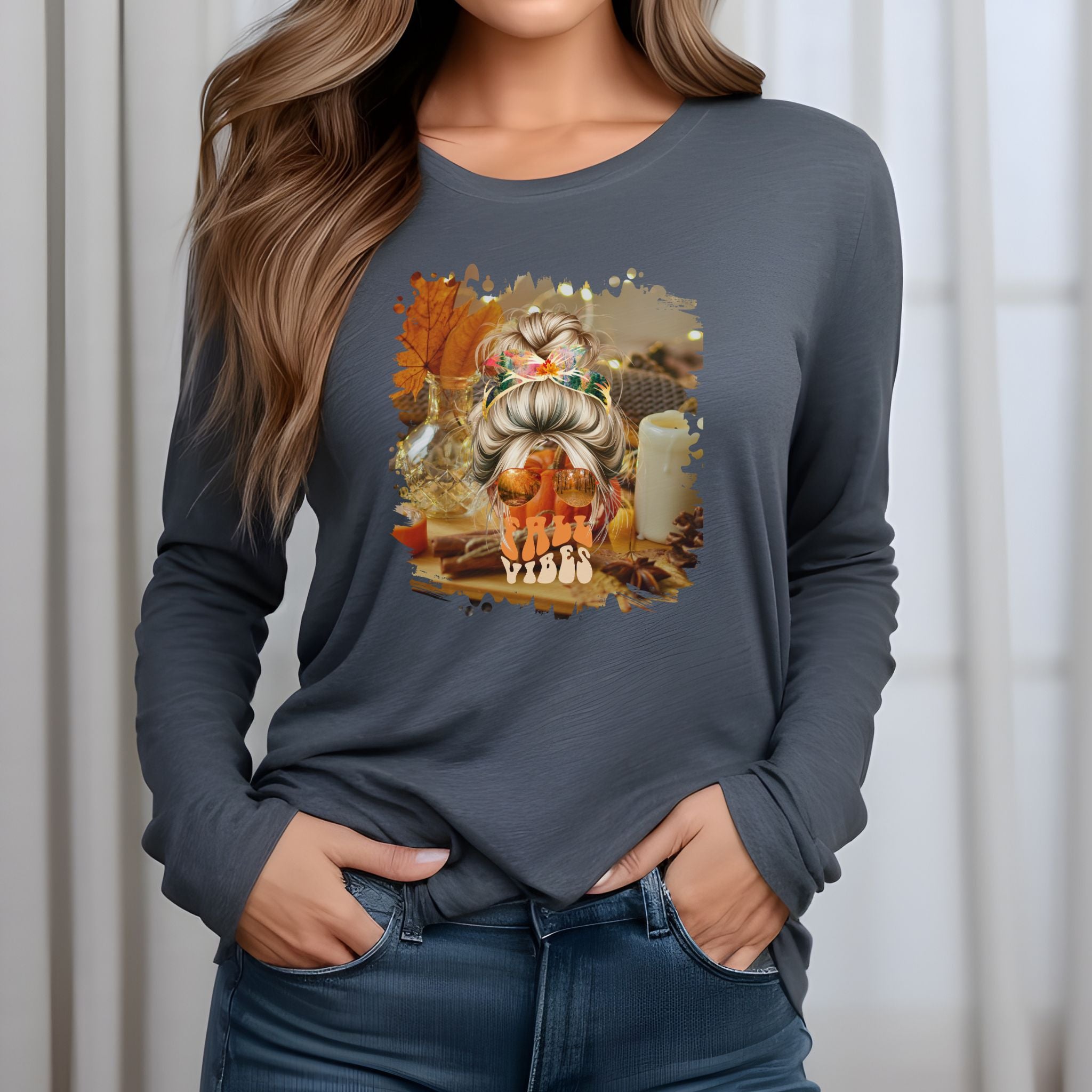 Fall Vibes Fall Home, Blond Hair Messy Bun, Unisex Jersey Long Sleeve Tee