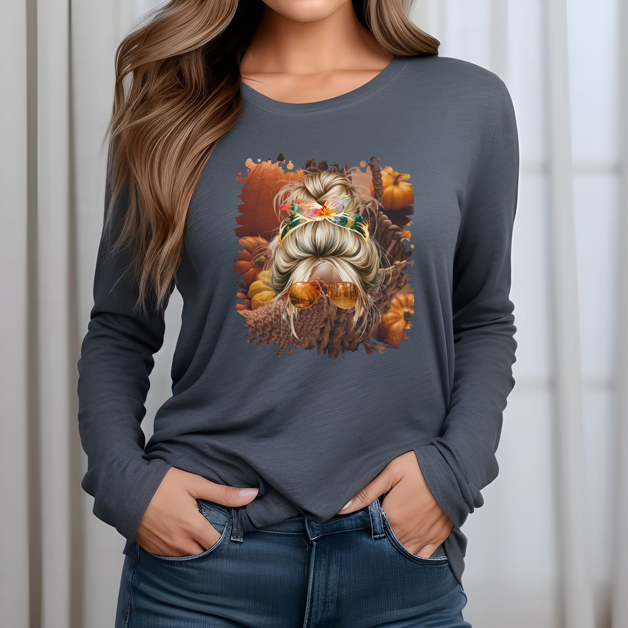 Fall Pumpkins, Blond Hair Messy Bun, Unisex Jersey Long Sleeve Tee