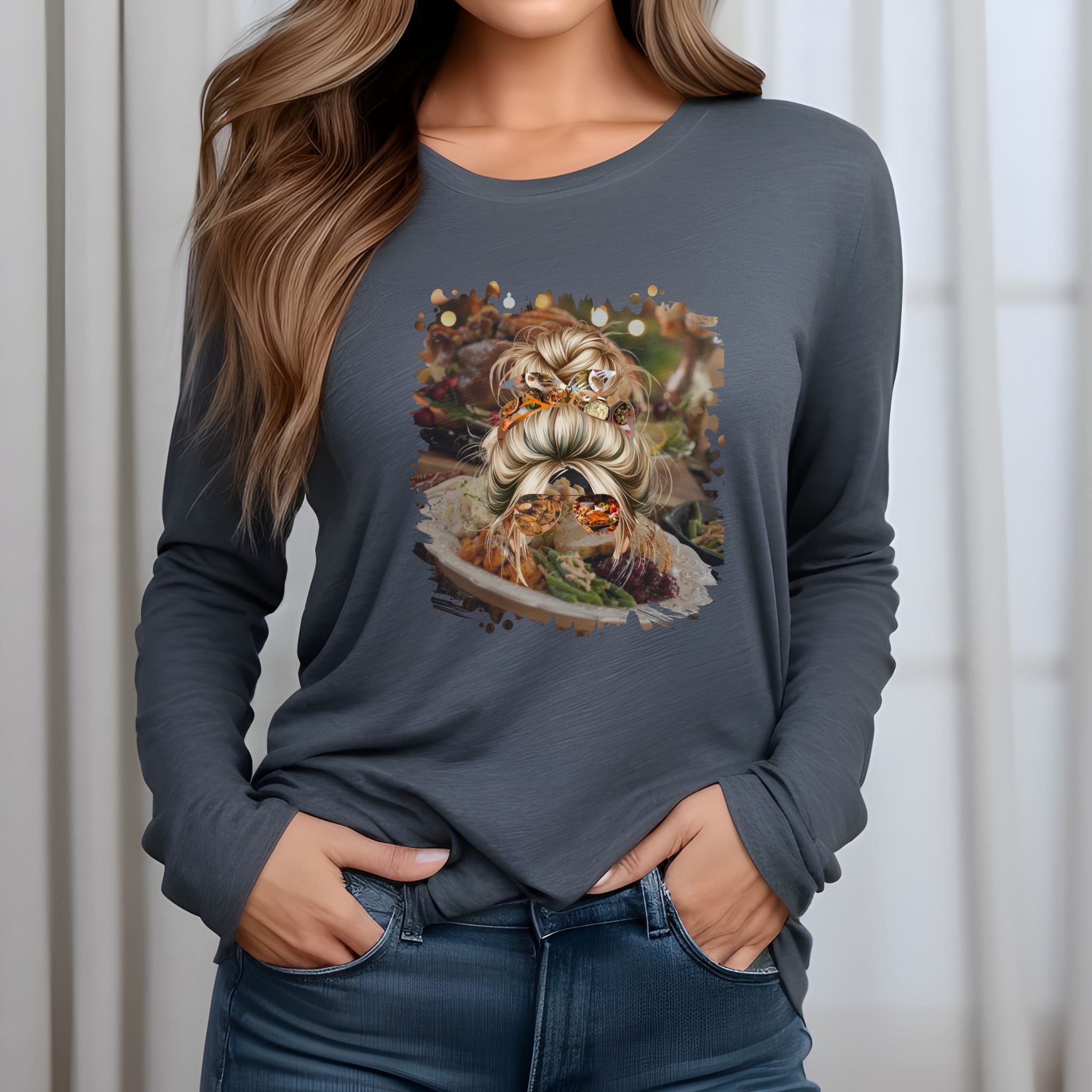 Thanksgiving Dinner, Blond Hair Messy Bun, Unisex Jersey Long Sleeve Tee