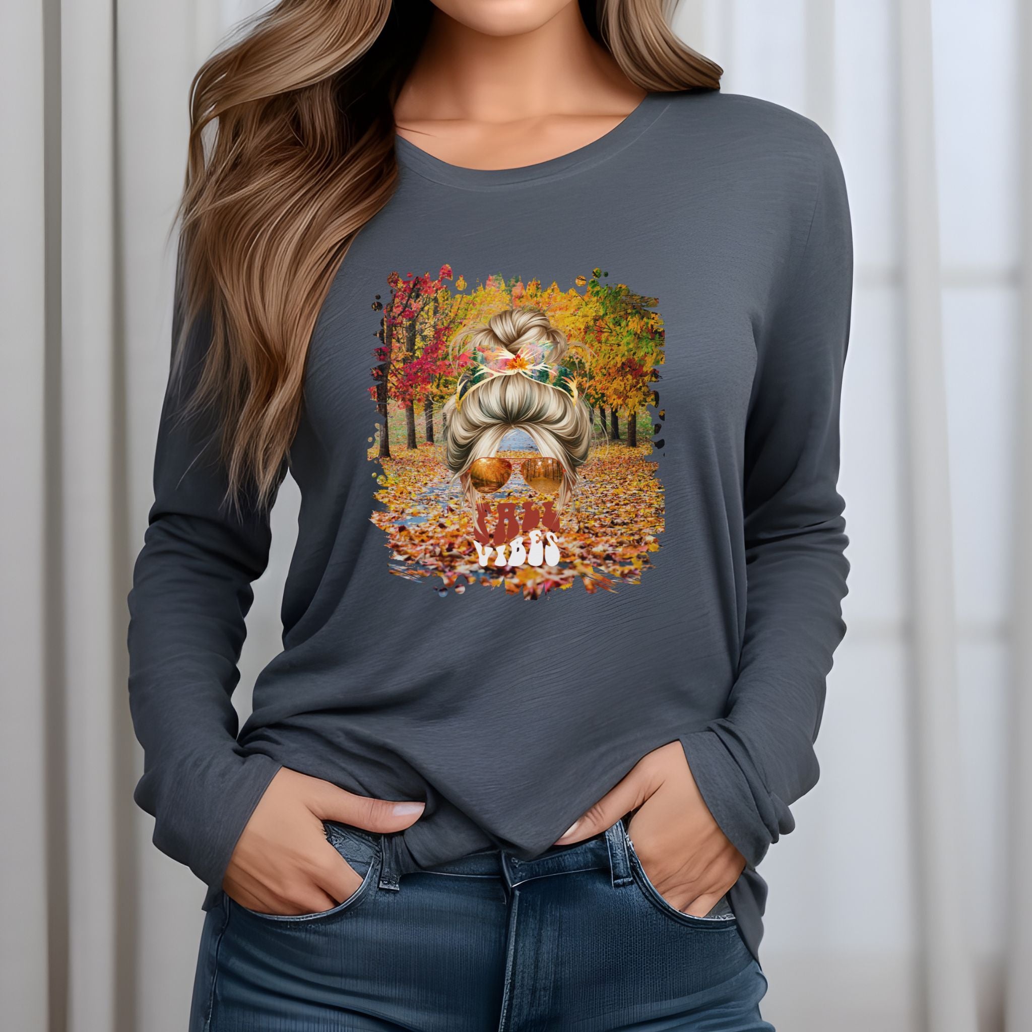 Fall Vibes Fall Trail, Blond Hair Messy Bun, Unisex Jersey Long Sleeve Tee