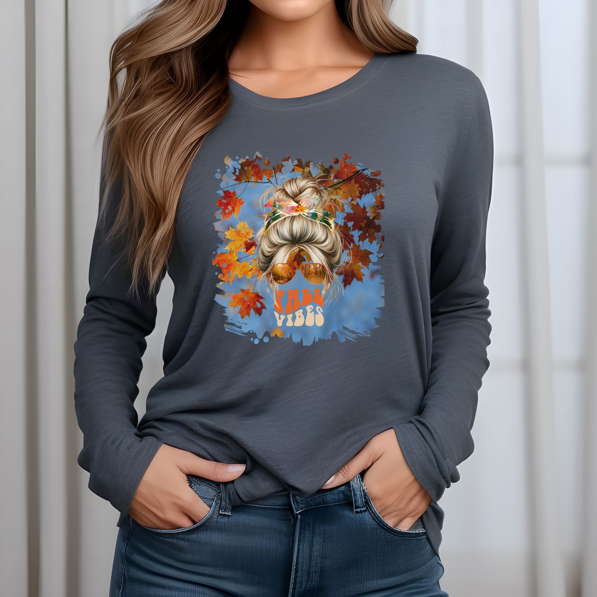 Fall Vibes Fall Sky, Blond Hair Messy Bun, Unisex Jersey Long Sleeve Tee