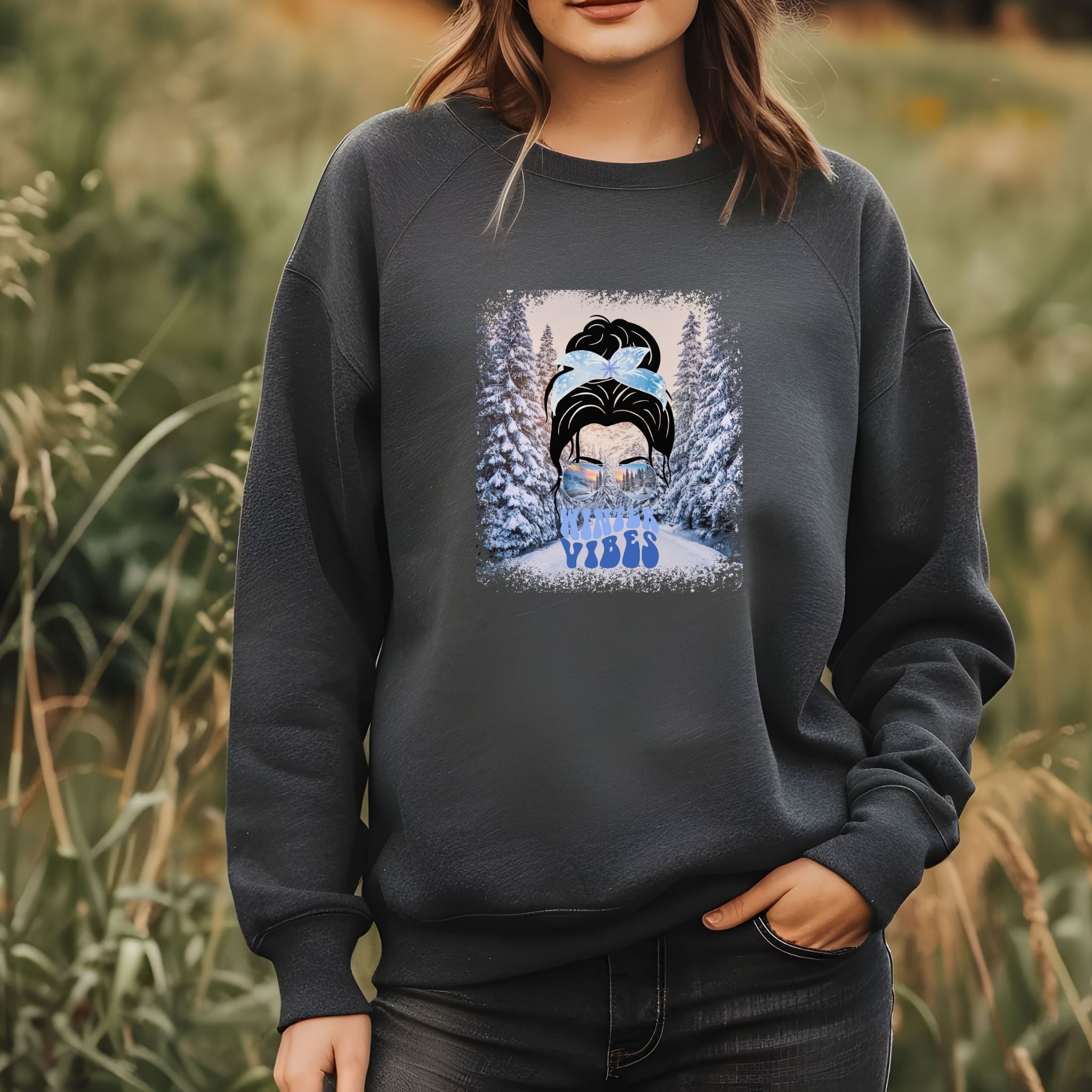 Winter Vibes Winter Trail, Dark Hair Messy Bun, Unisex Heavy Blend™ Crewneck Sweatshirt