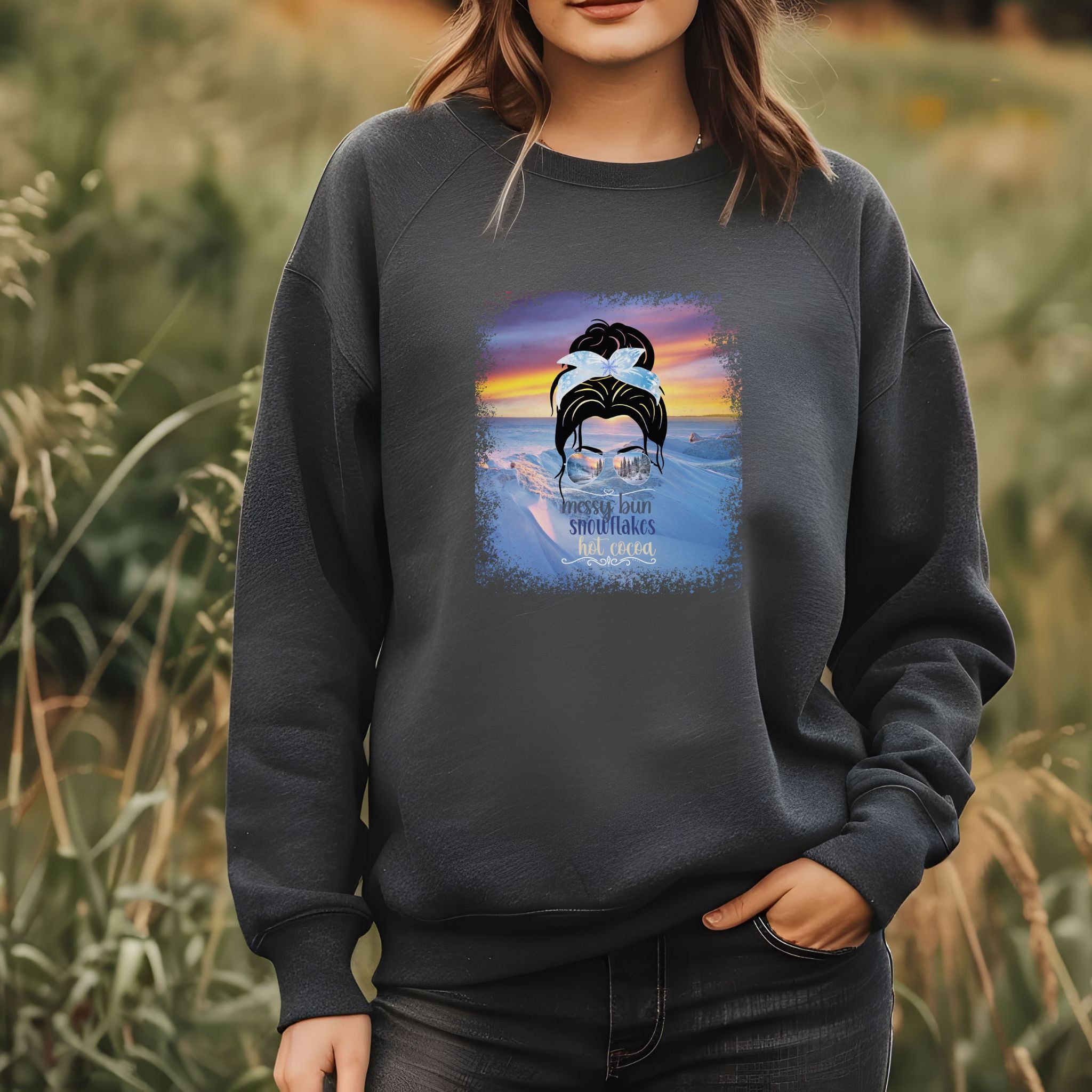 Messy Bun Winter Mountain, Dark Hair Messy Bun, Unisex Heavy Blend™ Crewneck Sweatshirt