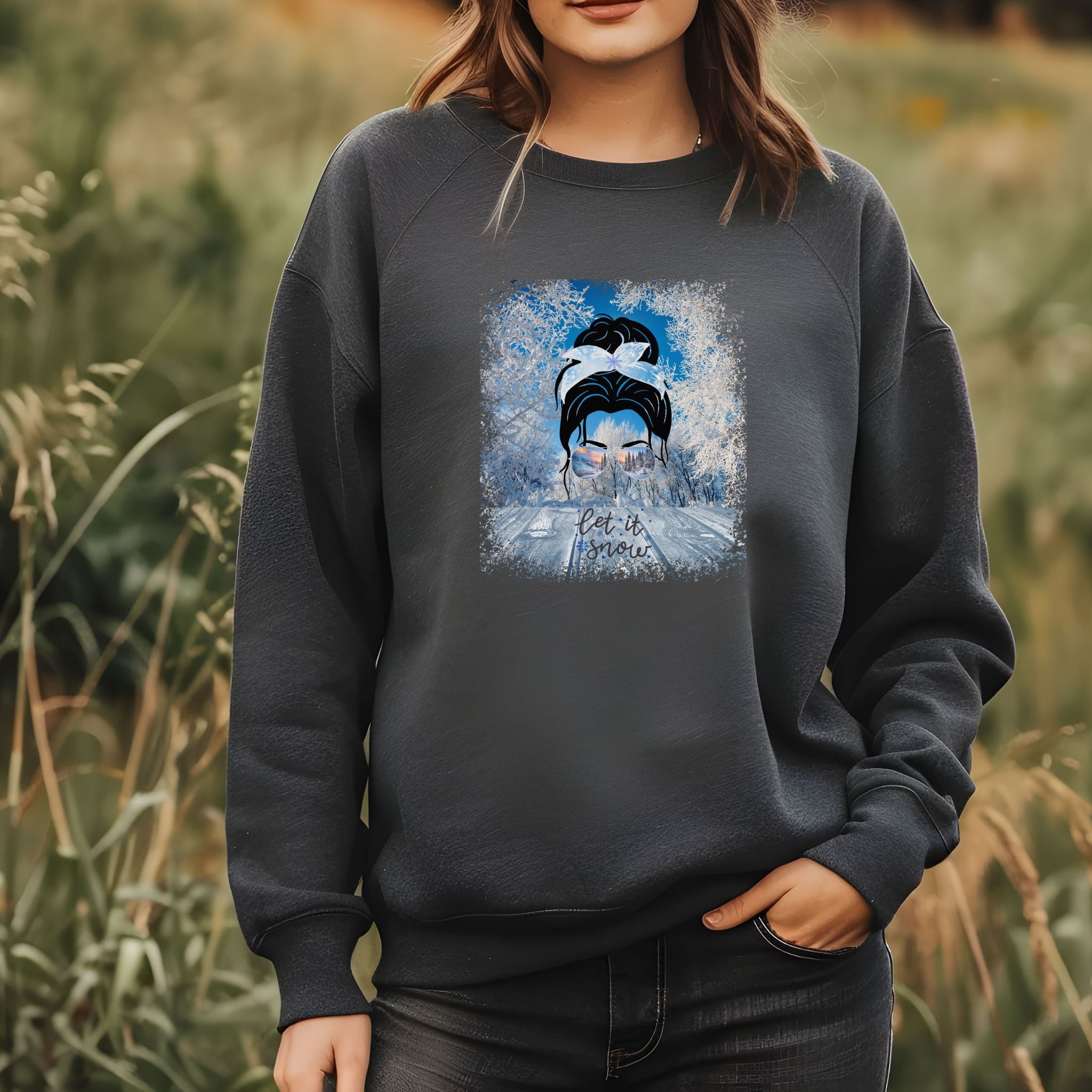 Let it Snow Winter Porch, Dark Hair Messy Bun, Unisex Heavy Blend™ Crewneck Sweatshirt