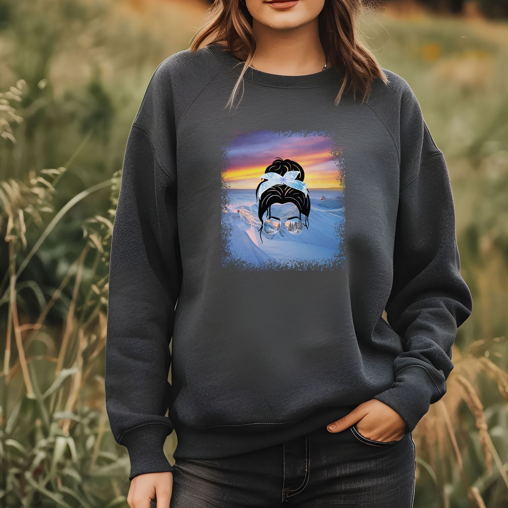 Winter Mountain, Dark Hair Messy Bun, Unisex Heavy Blend™ Crewneck Sweatshirt