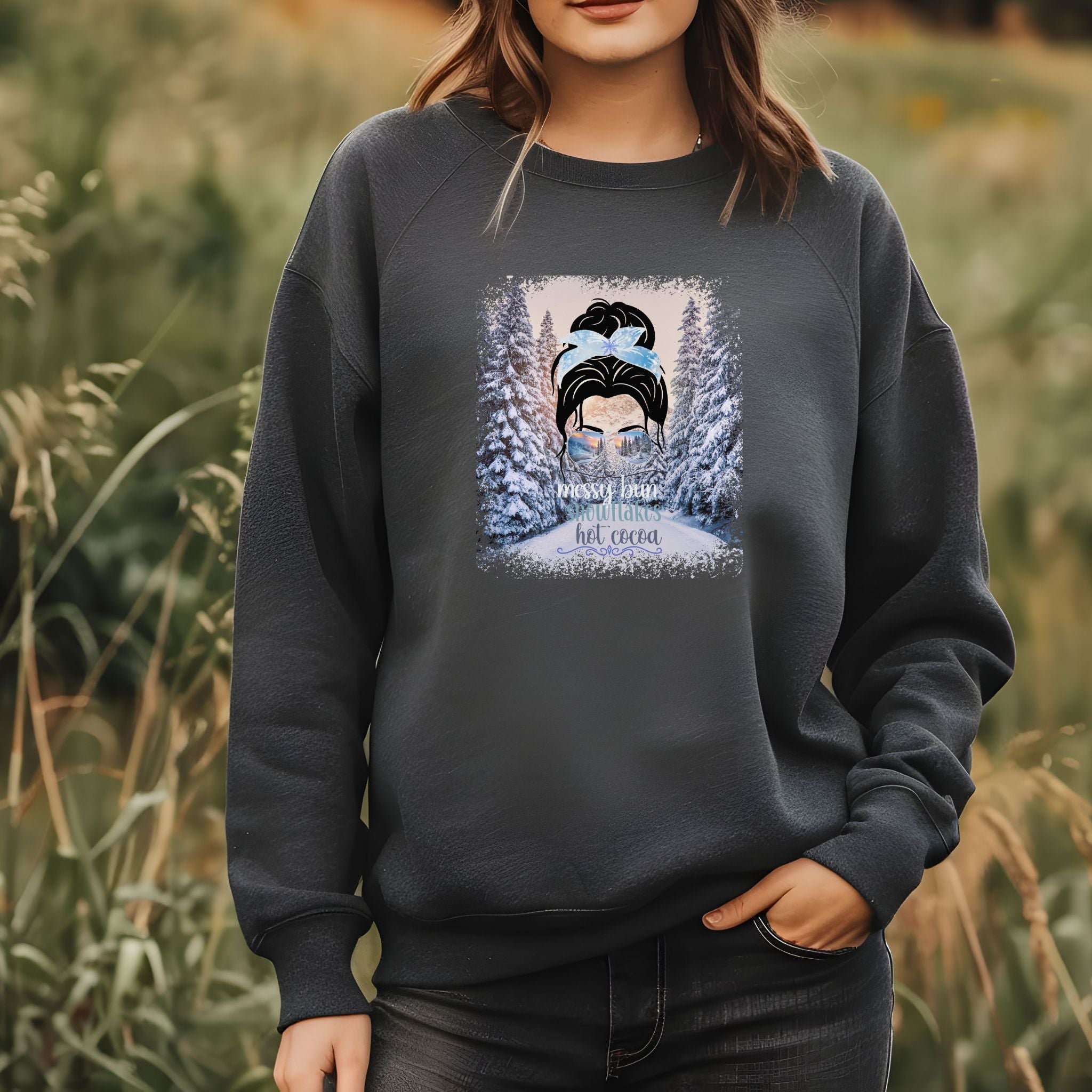 Messy Bun Winter Trail, Dark Hair Messy Bun, Unisex Heavy Blend™ Crewneck Sweatshirt