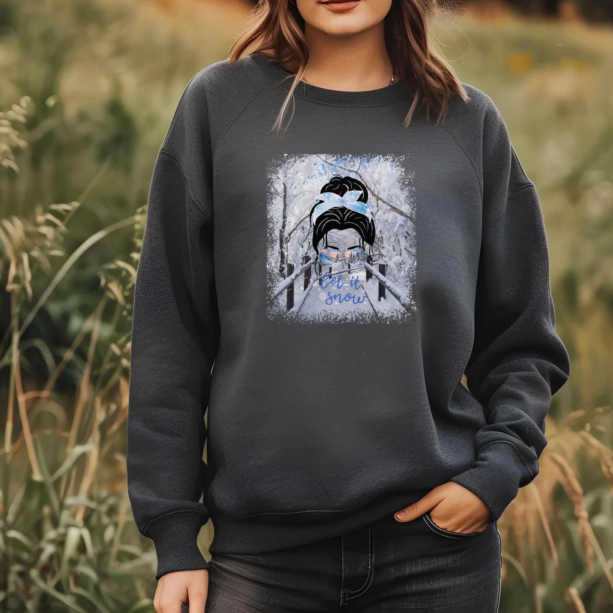 Let it Snow, Winter Hike, Dark Hair Messy Bun, Unisex Heavy Blend™ Crewneck Sweatshirt