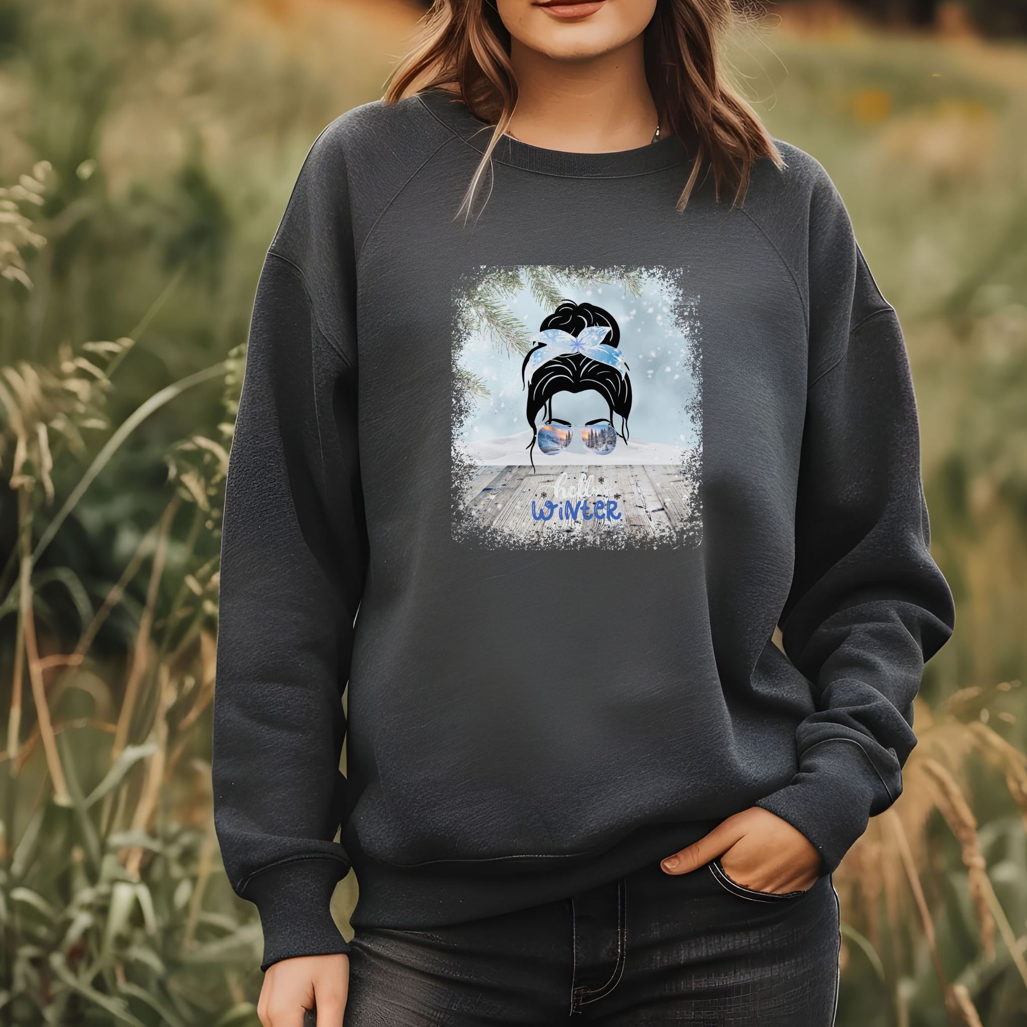 Hello Winter Snowy Porch, Dark Hair Messy Bun, Unisex Heavy Blend™ Crewneck Sweatshirt